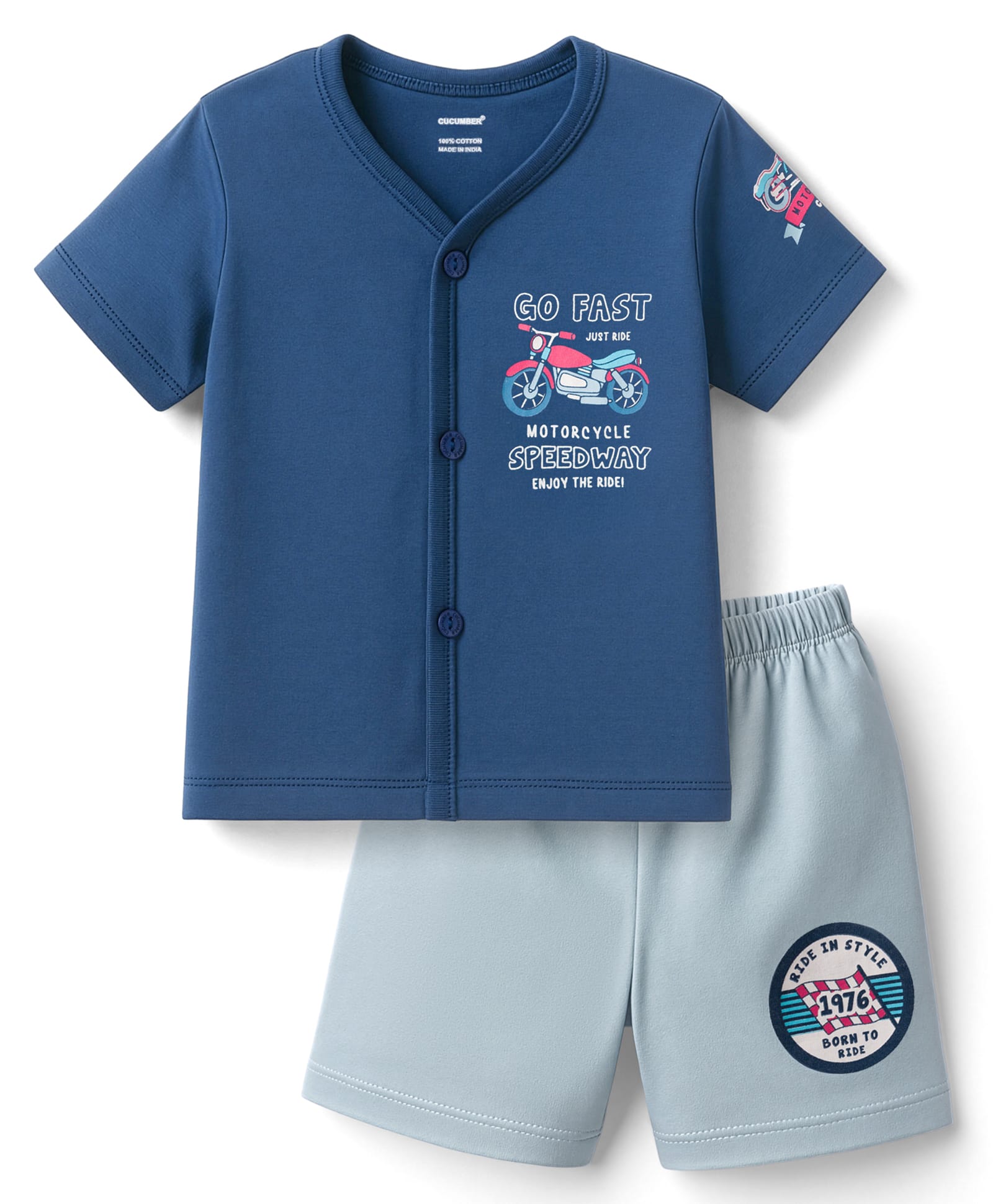CUCUMBER Sinker Knit Half Sleeves Front Open Shorts Night Suit with Motorcycle Print - Navy Blue-image-9