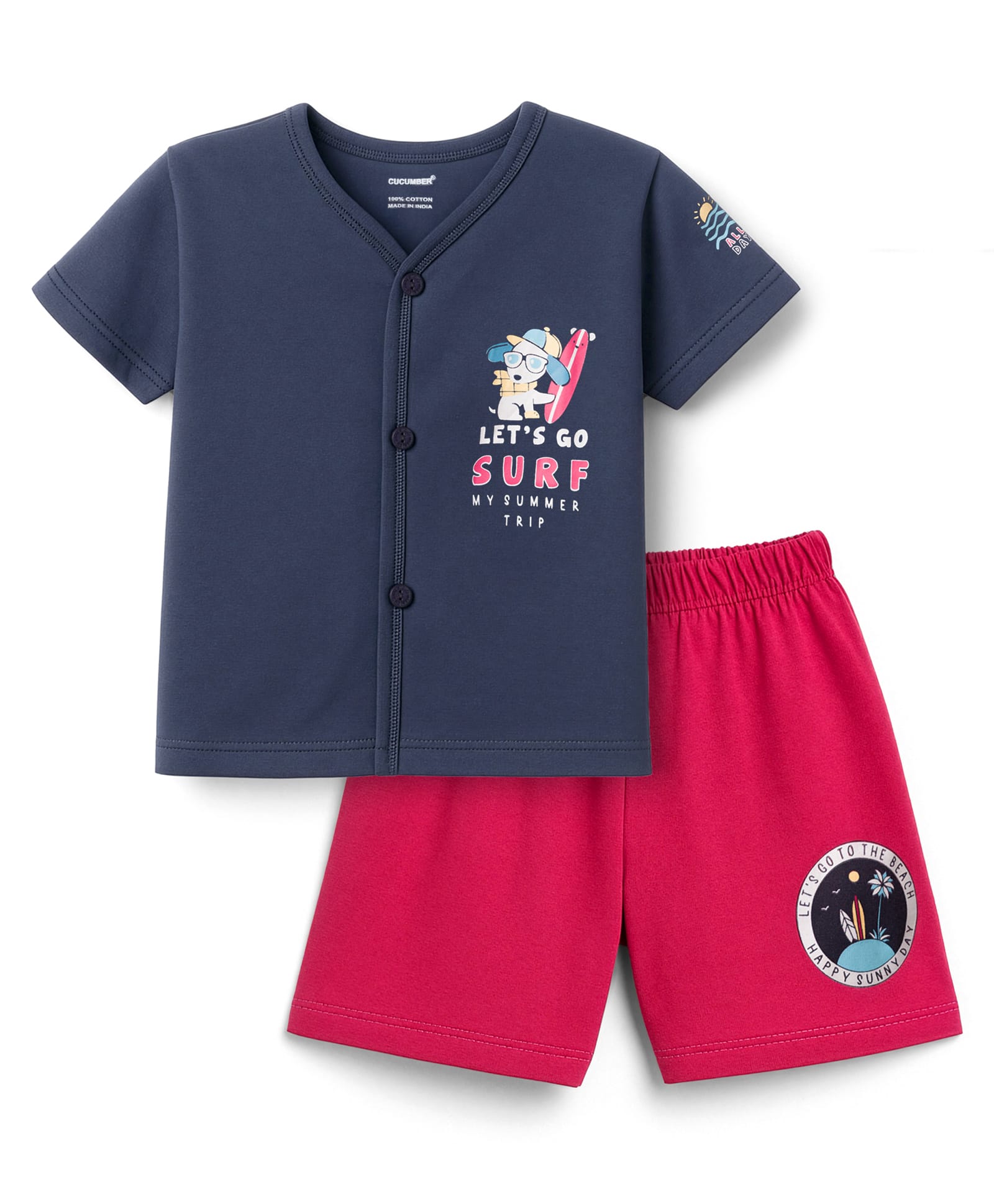 CUCUMBER Sinker Knit Half Sleeves Front Open Shorts Night Suit with Animal Print - Black & Red-picture-32