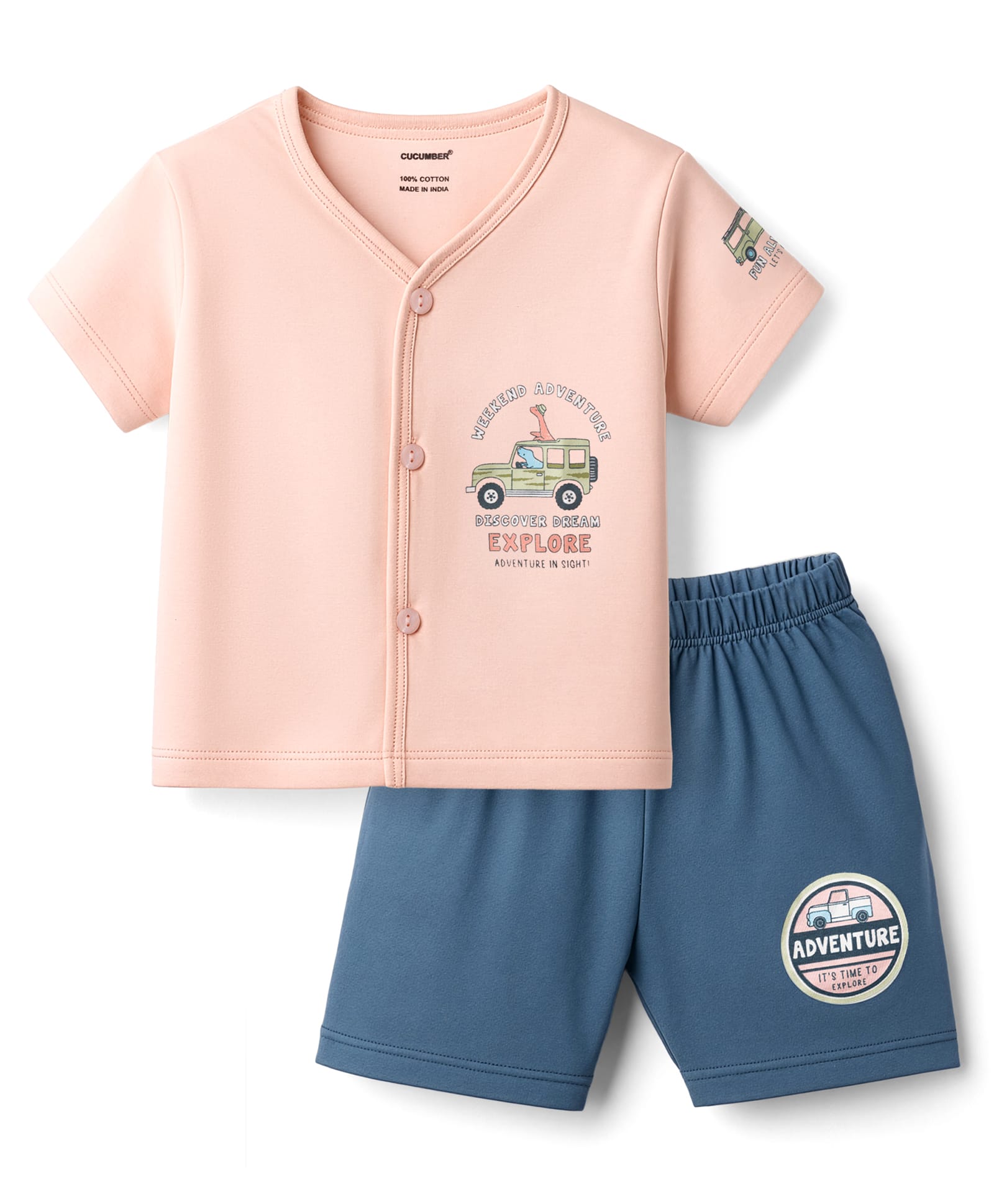 CUCUMBER Sinker Knit Half Sleeves Front Open Shorts Night Suit with Animal Print - Light Pink-picture-49