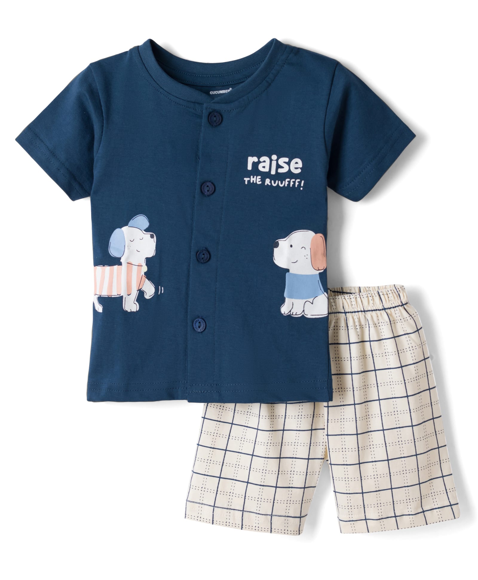 CUCUMBER Sinker Knit Half Sleeves Shorts Night Suit with Puppy Print & Checks - Navy Blue-image-38
