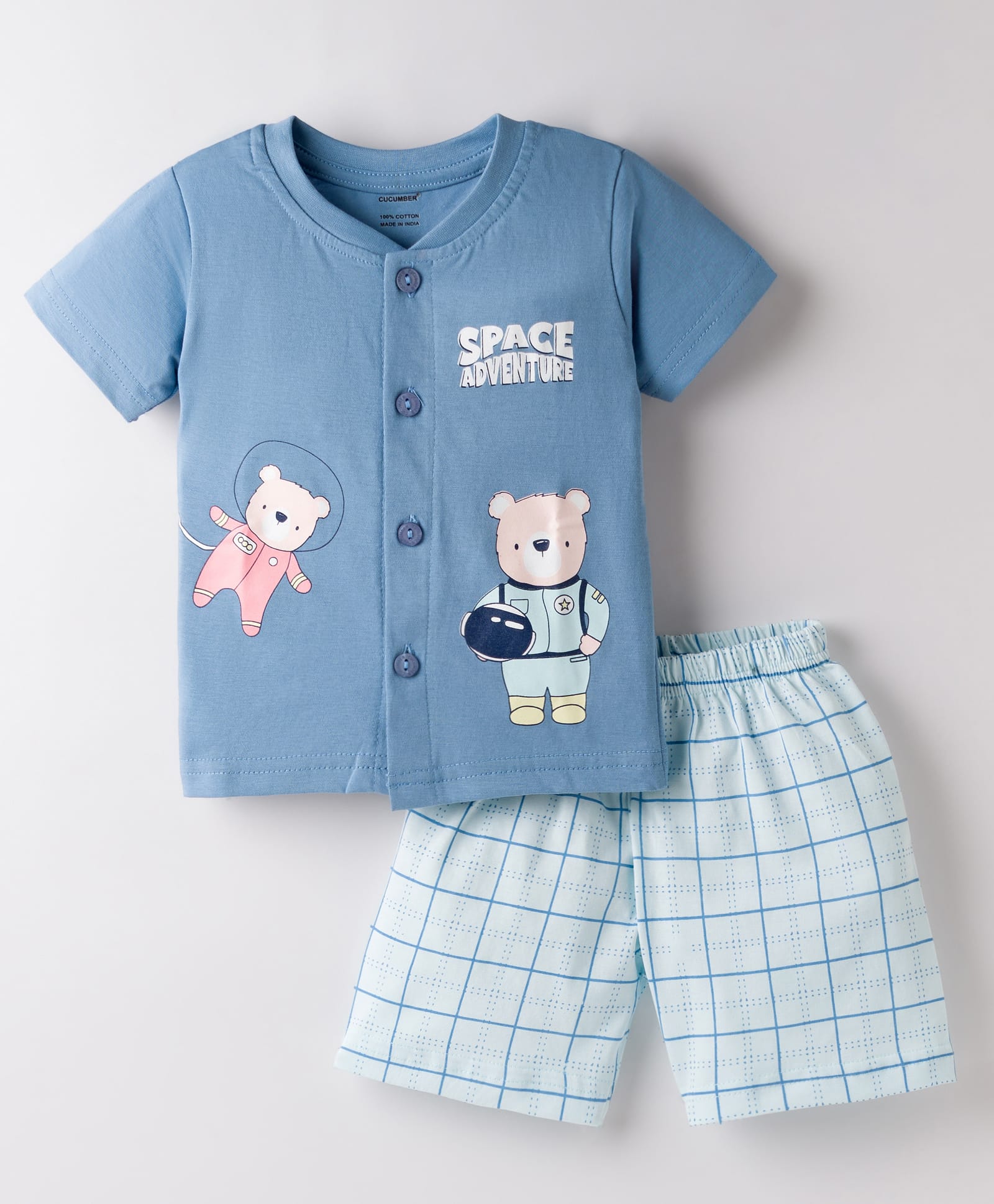 CUCUMBER Sinker Knit Half Sleeves Front Open Shorts Night Suit with Animal Print - Blue-image-23