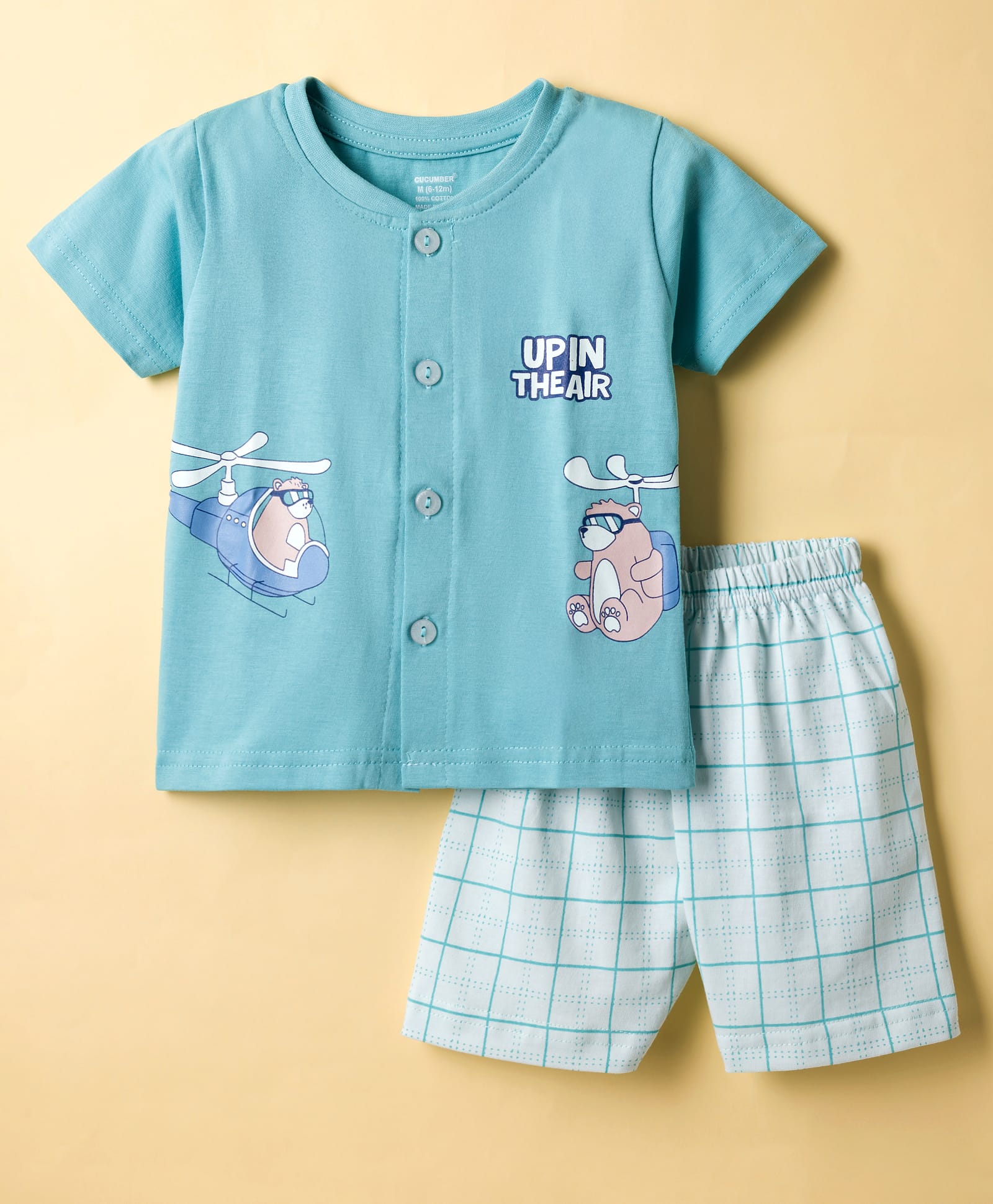 CUCUMBER Sinker Knit Half Sleeves Shorts Night Suit with Animal Print & Checks - Light Blue-image-39