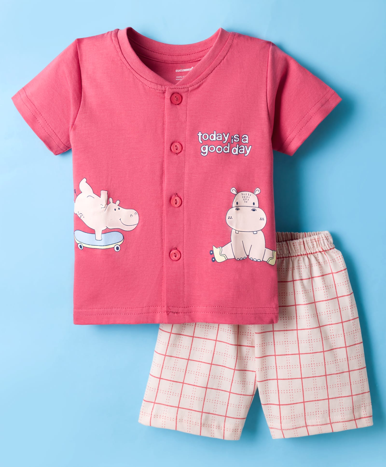 CUCUMBER Sinker Knit Half Sleeves Shorts Night Suit With Animal Print - Pink-image-44