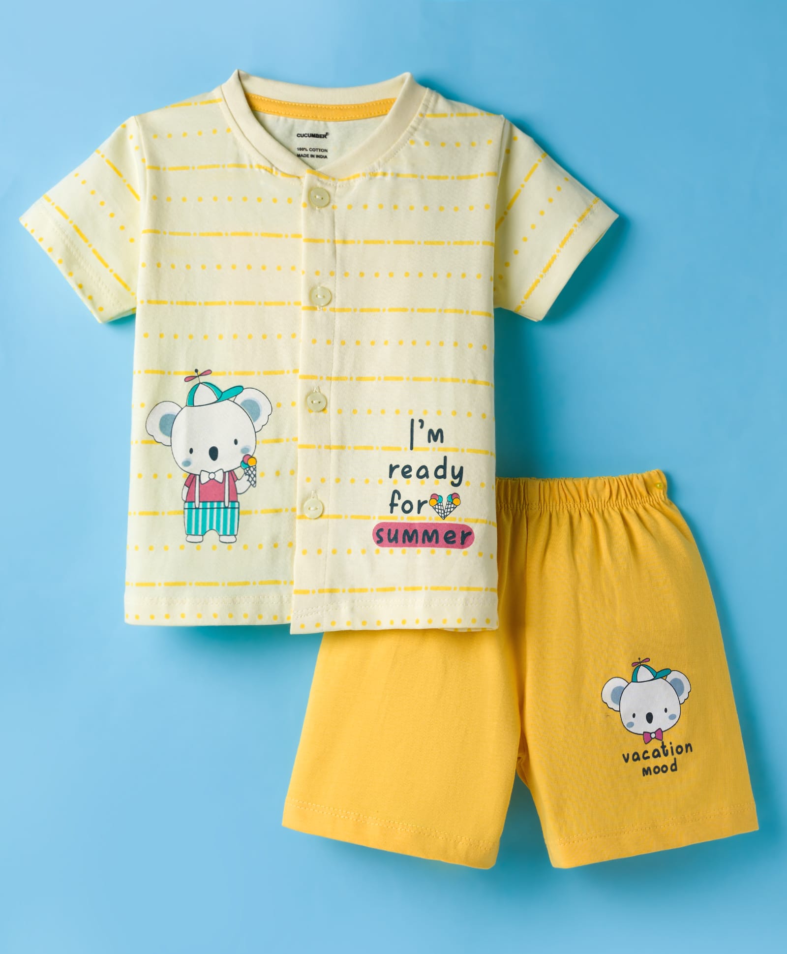 CUCUMBER Sinker Knit Half Sleeves Shorts Night Suit With Animal Print - Lemon-image-32