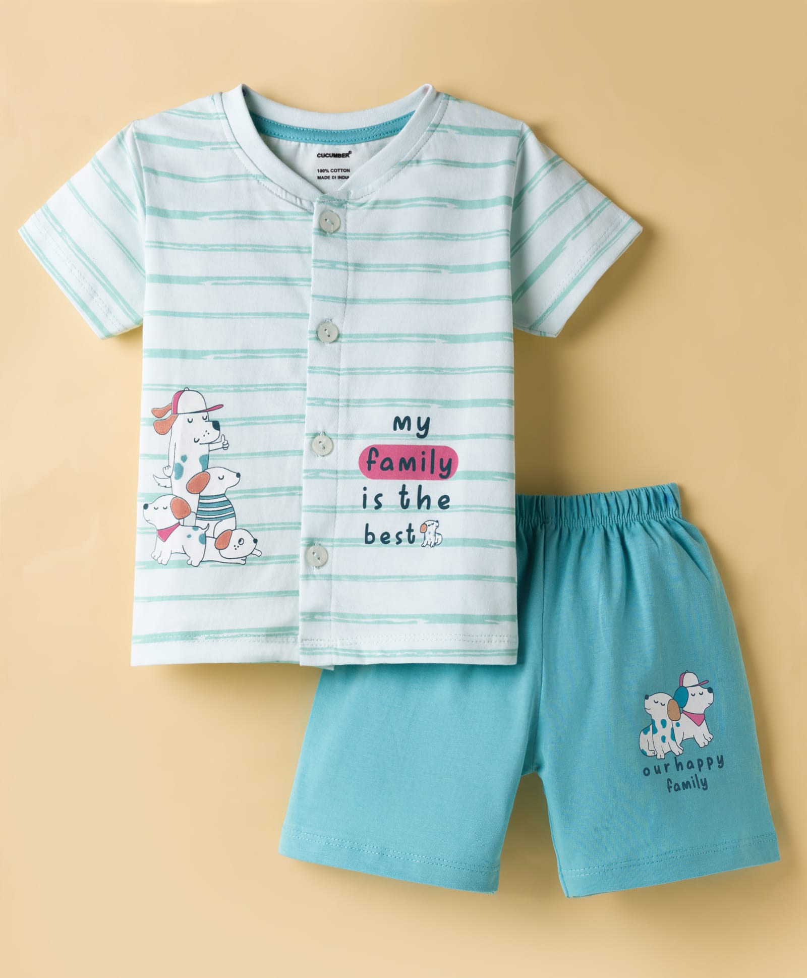 CUCUMBER Sinker Knit Half Sleeves Shorts Night Suit With Animal Print - Light Blue-picture-36