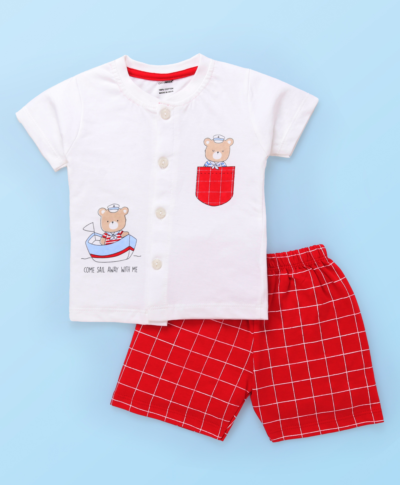 CUCUMBER Sinker Knit Half Sleeves Shorts Night Suit With Animal Print - Red & White-picture-48