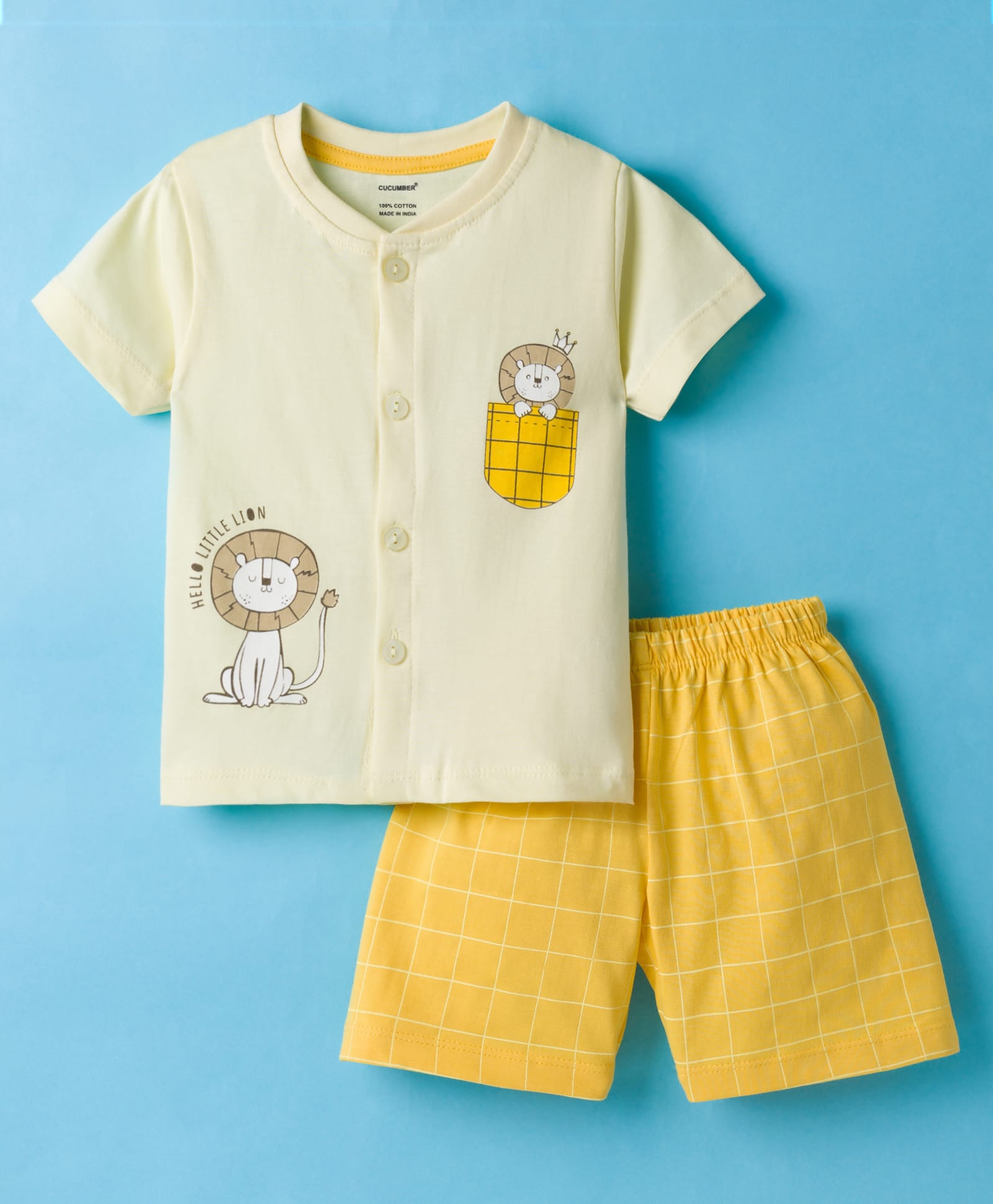 CUCUMBER Sinker Knit Half Sleeves Shorts Night Suit With Animal Print - Lemon-image-26