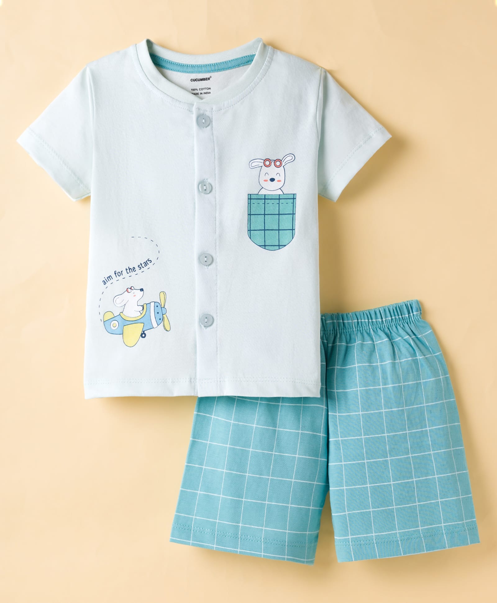 CUCUMBER Sinker Knit Half Sleeves Shorts Night Suit With Animal Print - Light Blue-picture-10