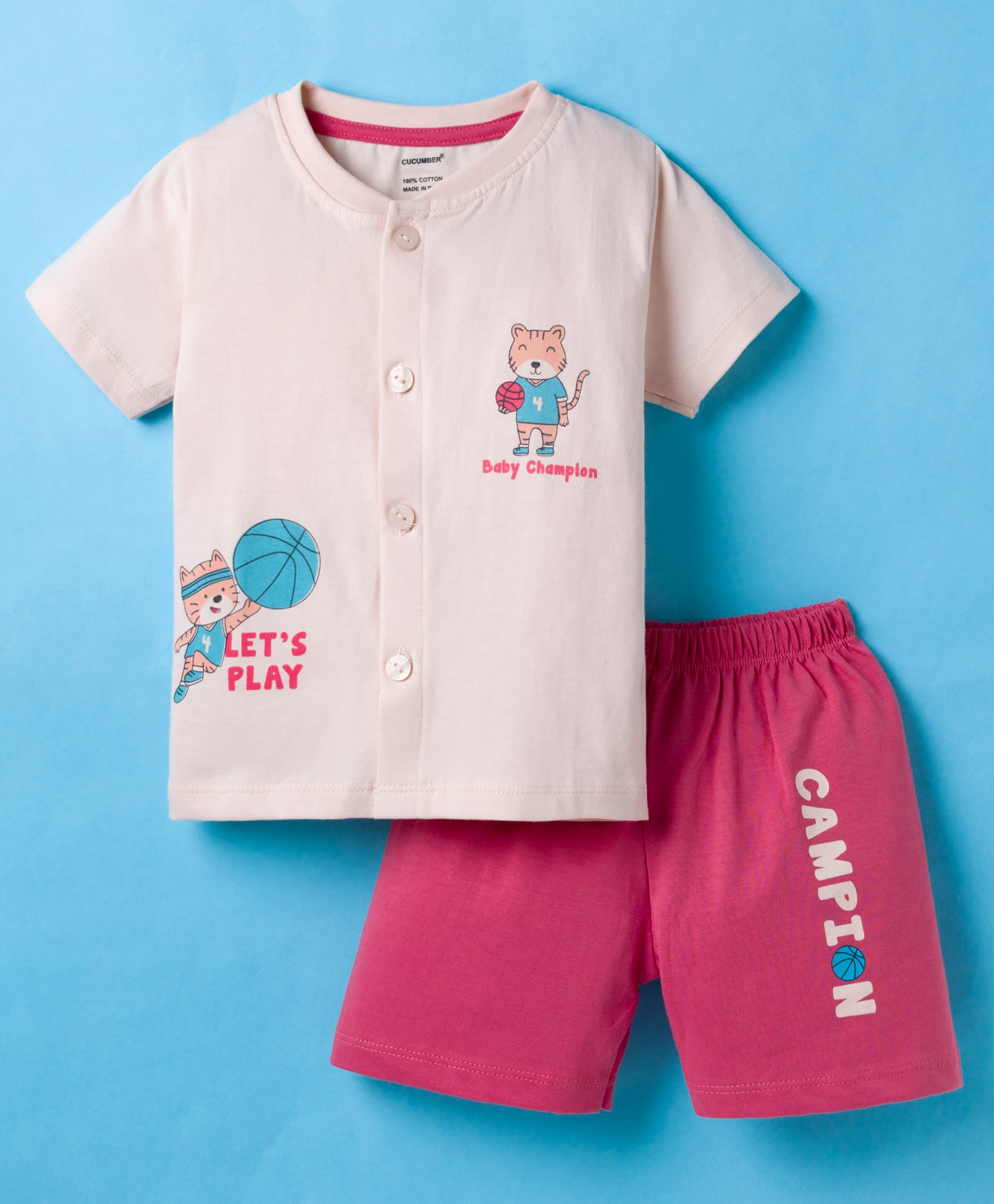 CUCUMBER Sinker Knit Half Sleeves Shorts Night Suit With Animal Print - Baby Pink-image-43