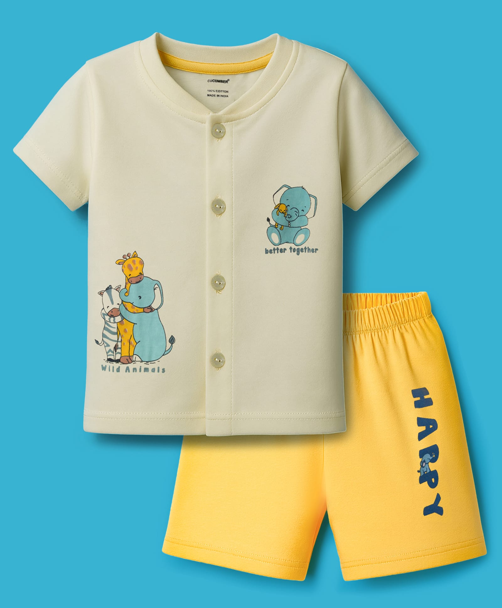 CUCUMBER Sinker Knit Half Sleeves Shorts Night Suit with Animal Print - Lemon-image-35