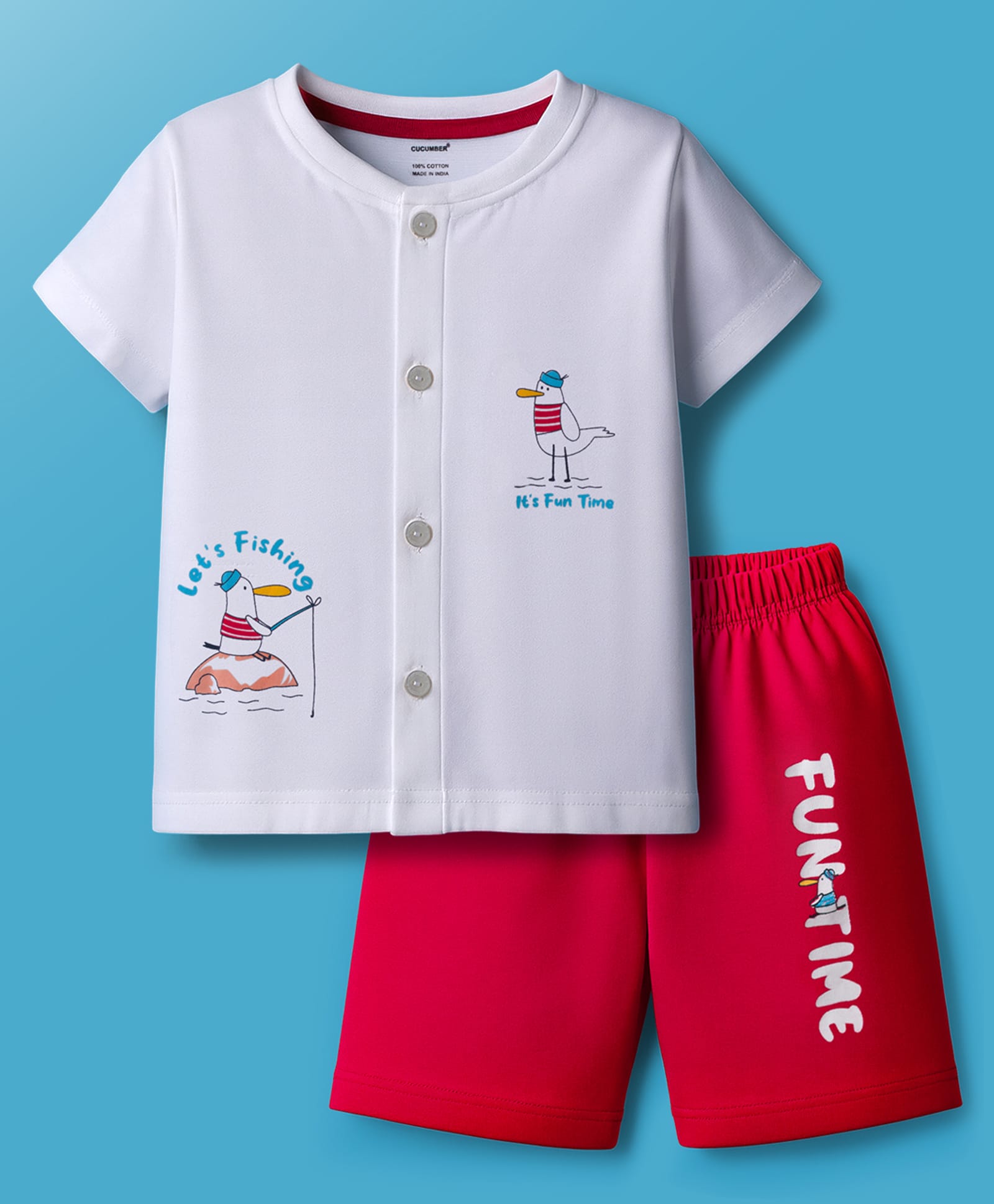 CUCUMBER Sinker Knit Half Sleeves Shorts Night Suit with Bird Print - Red & White-picture-12