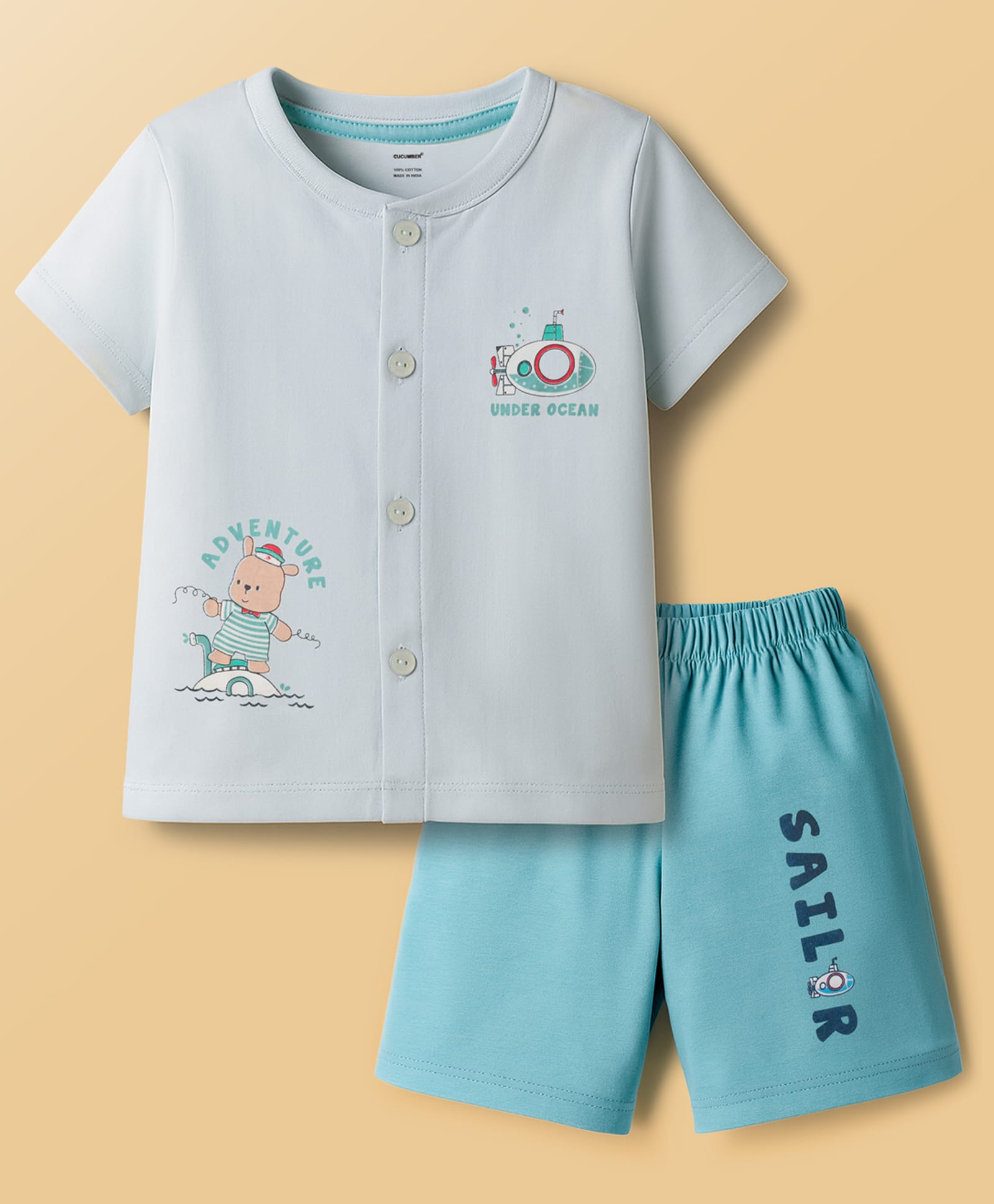 CUCUMBER Sinker Knit Half Sleeves Shorts Night Suit with Nautical Theme Print - Aqua Blue-image-48