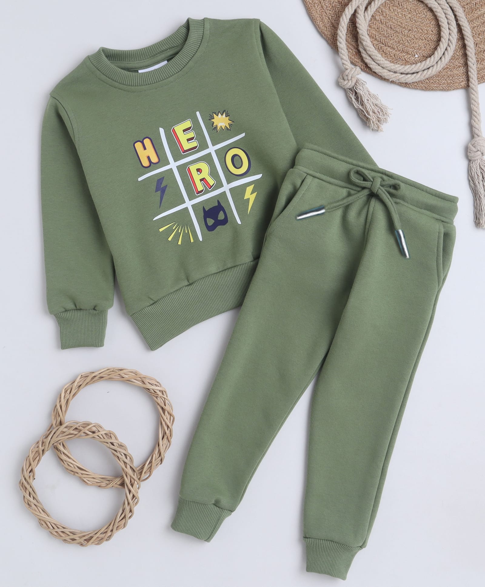 Knitting Doodles Fleece Knit Full Sleeves Hero Text Printed Winter Sweatshirt With Joggers Set - Olive Green-picture-32