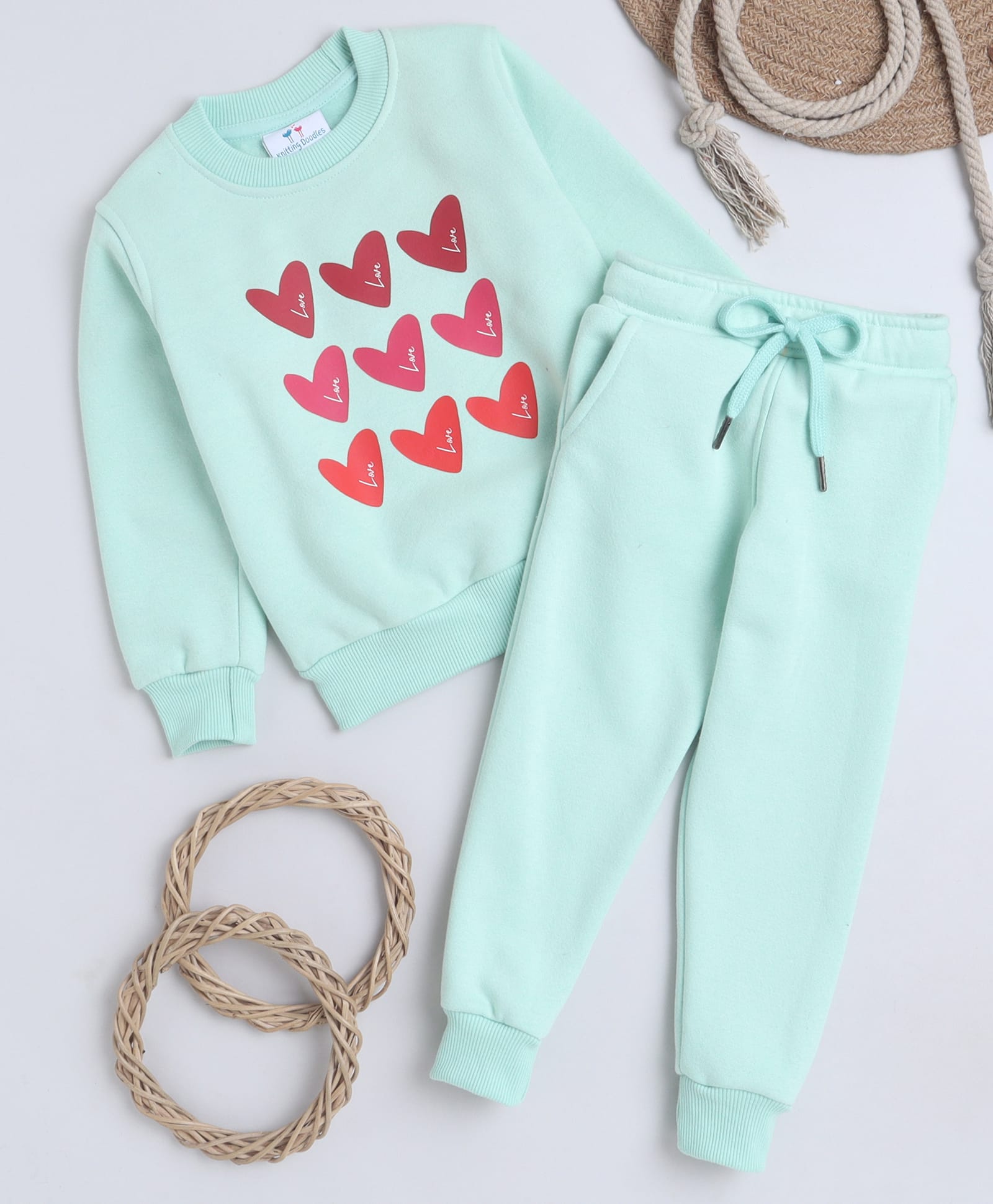 Knitting Doodles Fleece Woven Full Sleeves Hearts Printed Winter Sweatshirt With Jogger Set - Sea Green-picture-19