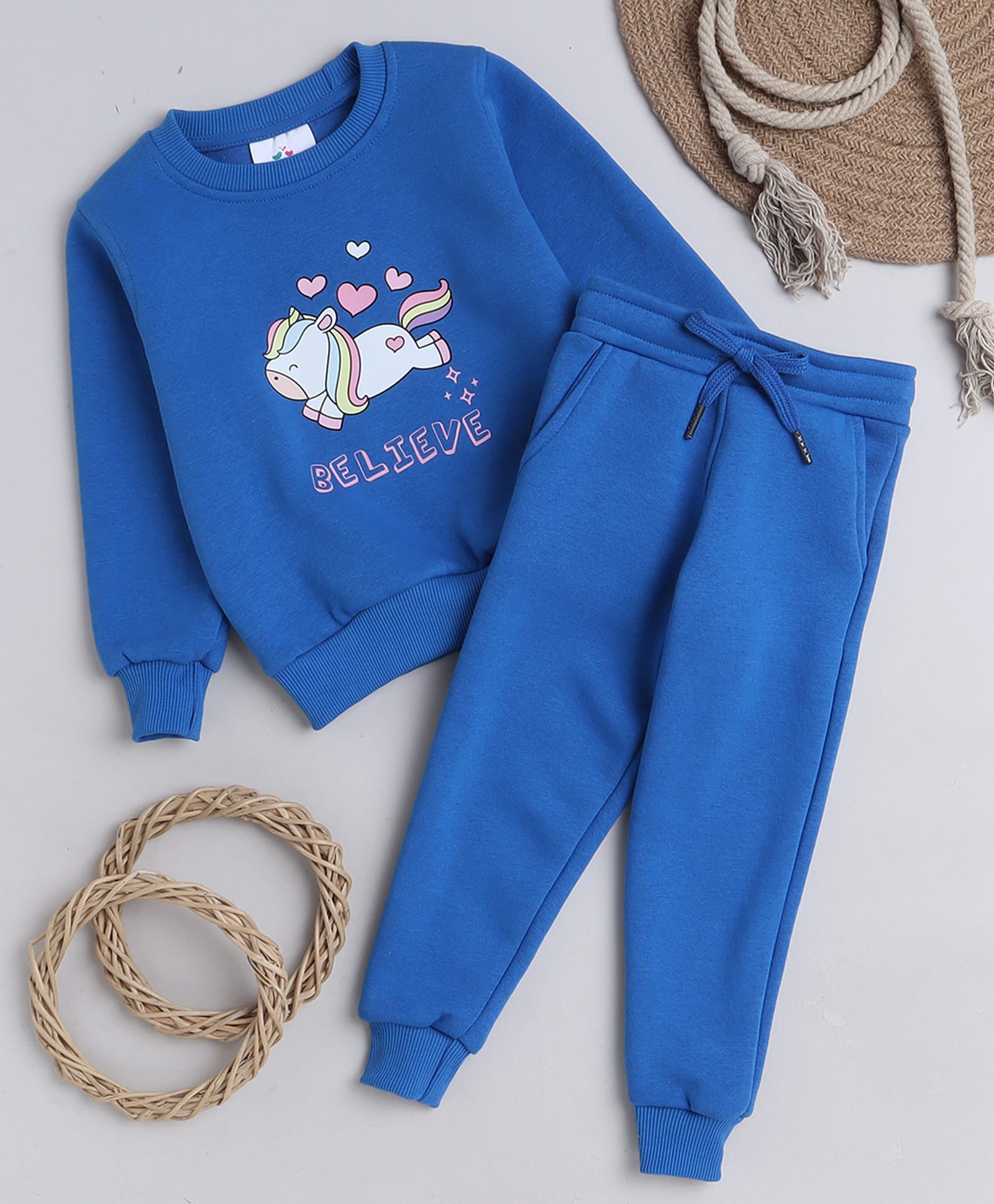 Knitting Doodles Fleece Woven Full Sleeves Unicorn Printed Winter Sweatshirt With Jogger Set - Blue-image-43