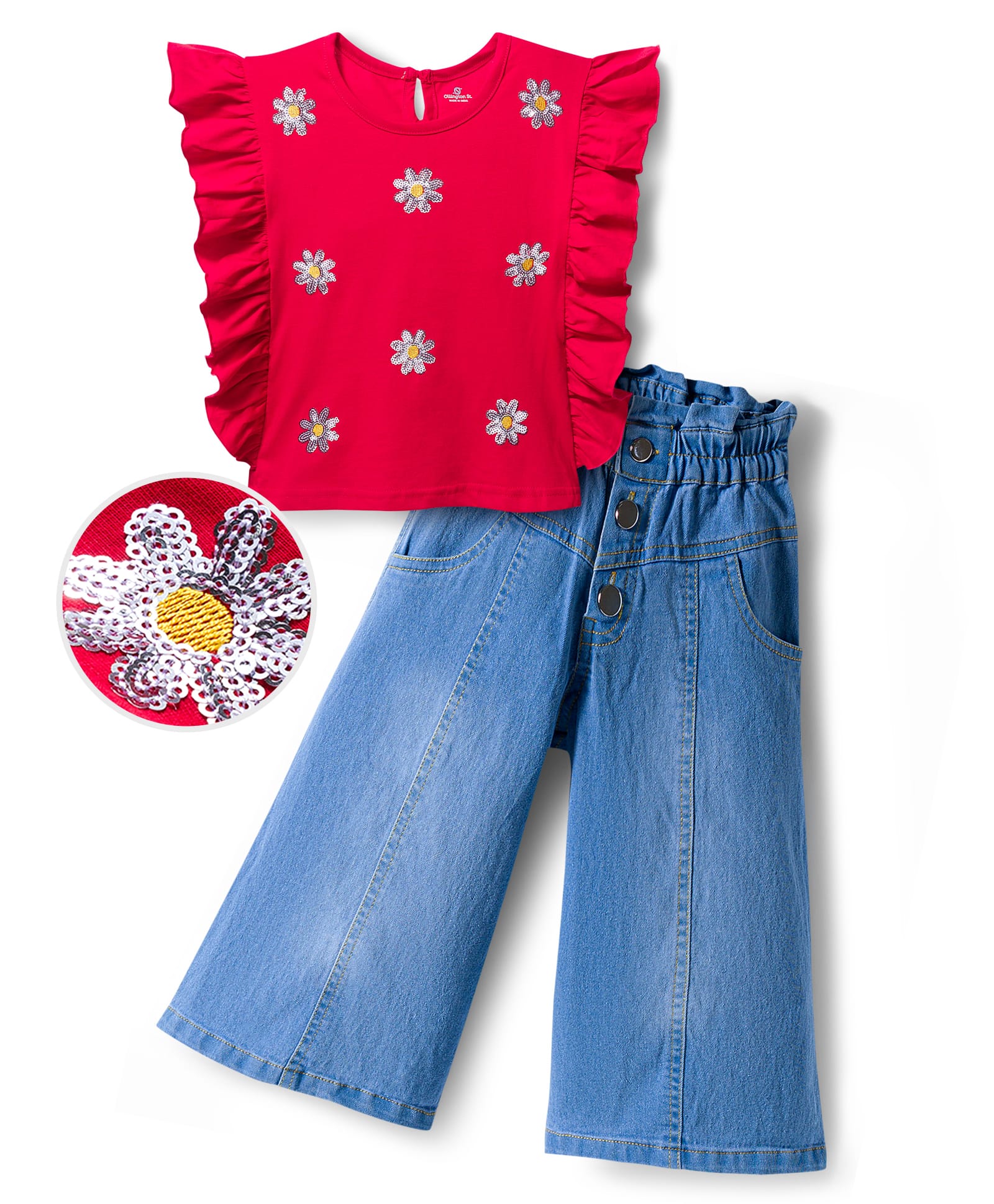 OLLINGTON ST. Cotton Knit Half Sleeves Top & Stretchable Denim Pant Set With Floral Sequin Detailing - Red & Blue-picture-35