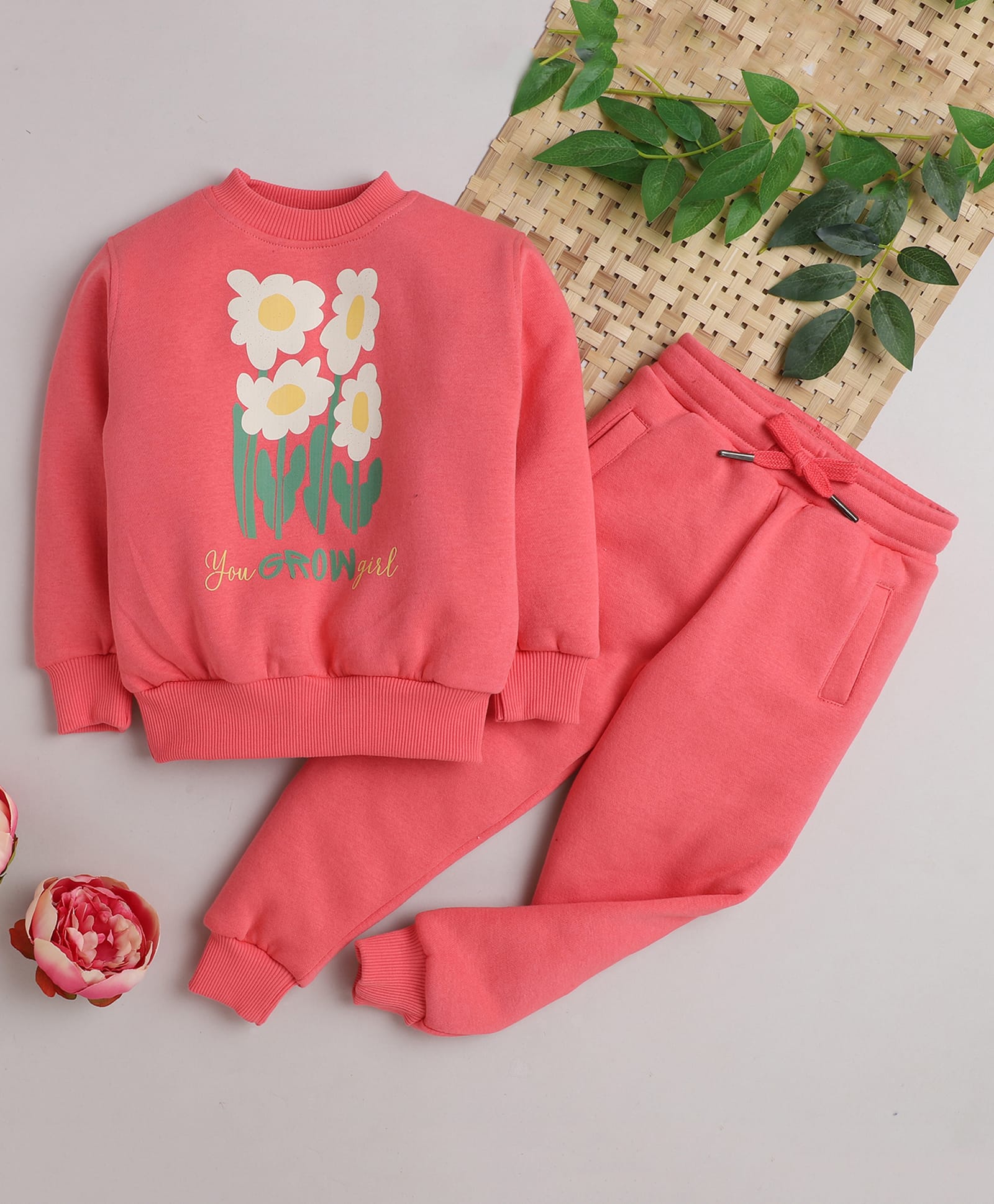 Knitting Doodles Pure Cotton Full Sleeves Jogger Set With Mildly Warm Fleece Lining And Flowers Print - Pink-picture-24