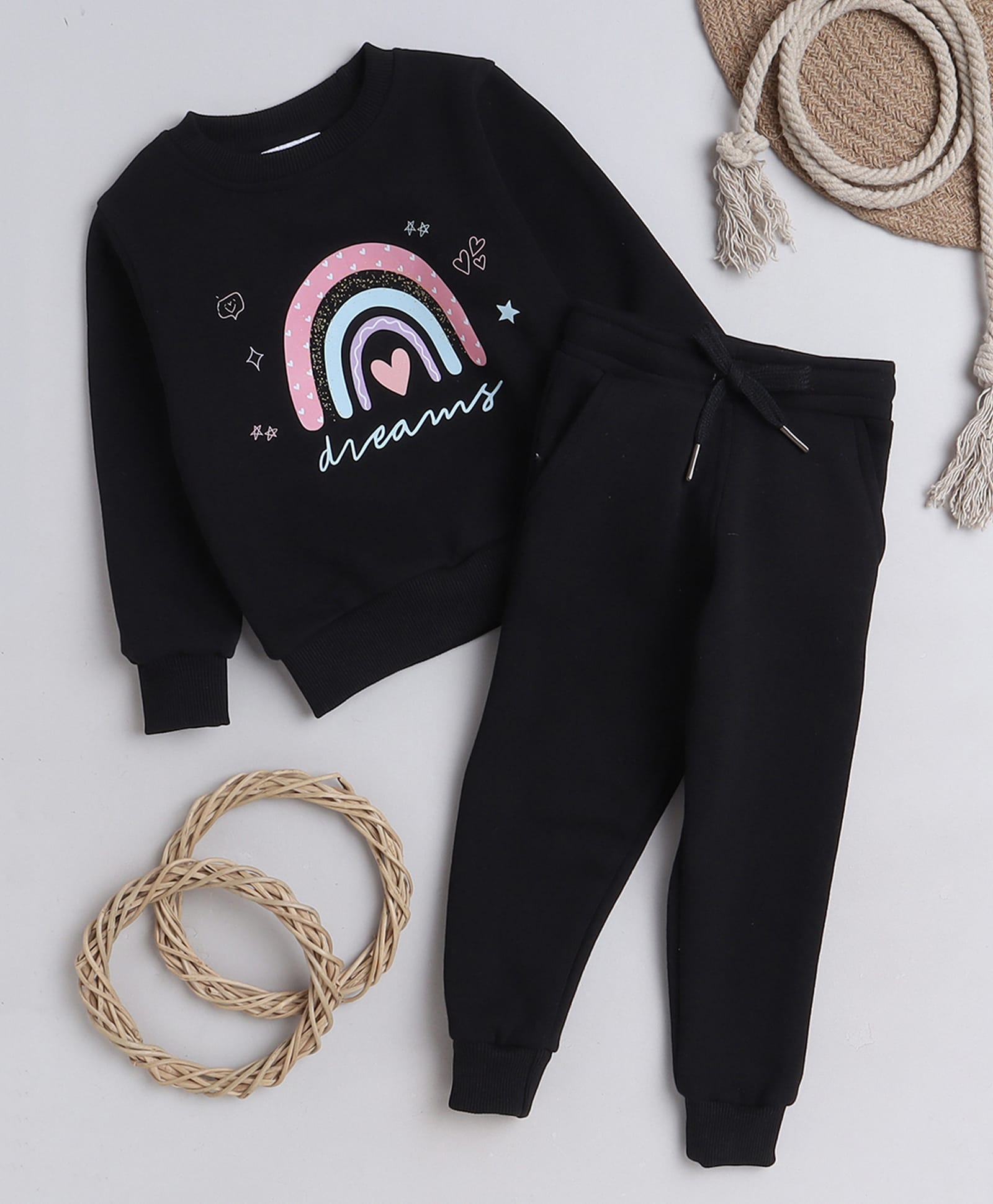Knitting Doodles Fleece Woven Full Sleeves Rainbow & Heart Printed Winter Sweatshirt & Jogger Set - Black-picture-18