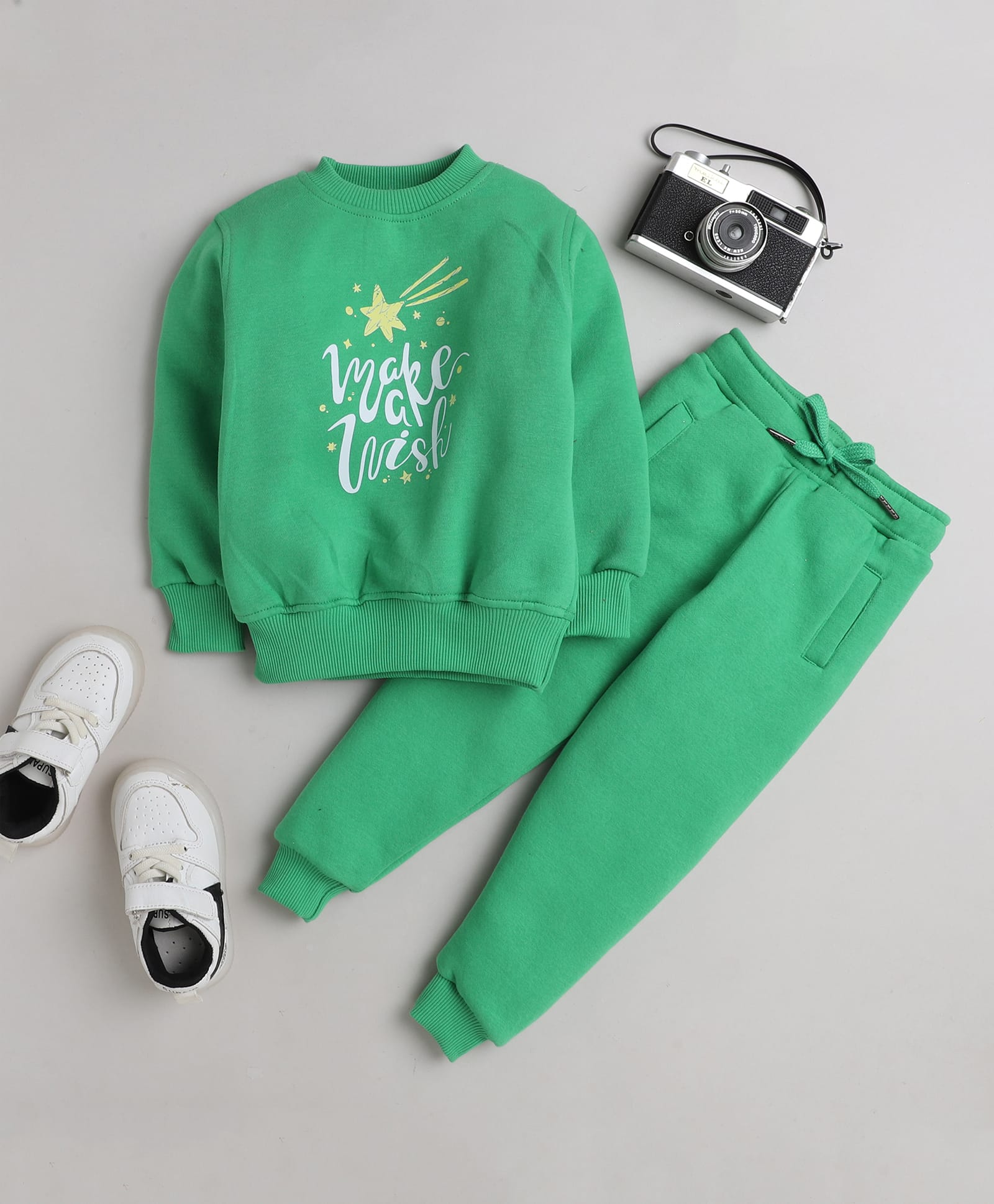 Knitting Doodles Fleece Woven Full Sleeves Make A Wish Text Printed Sweatshirt With Joggers Set - Green-picture-38