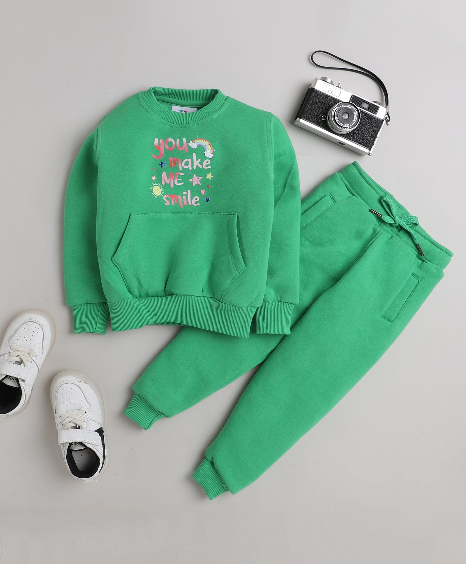 Knitting Doodles Fleece Woven Full Sleeves You Make Me Smile Text Printed Sweatshirt With Joggers Set - Green-picture-32