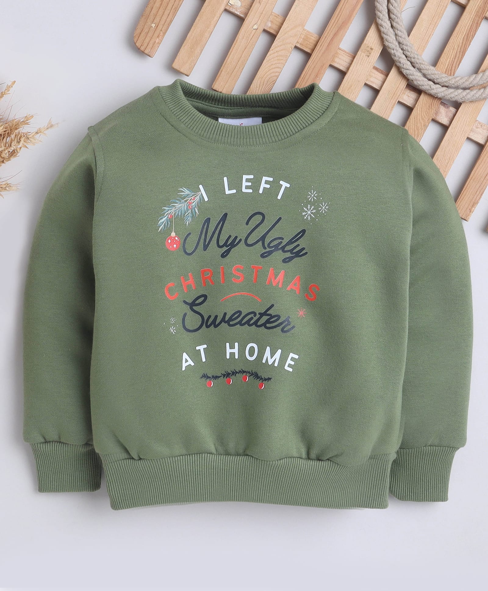 Knitting Doodles Christmas Theme Fleece Woven Full Sleeves I Left My Ugly Christmas Sweater At Home Light Winter Sweatshirt - Olive Green-picture-18