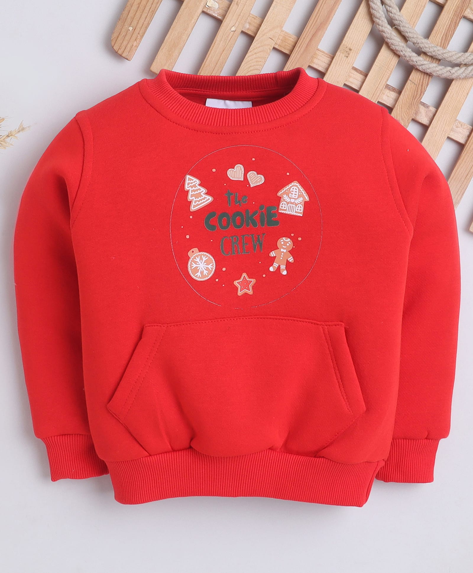 Knitting Doodles Christmas Theme Fleece Woven Full Sleeves The Cookie Crew Text Printed Light Winter Sweatshirt - Red-picture-42