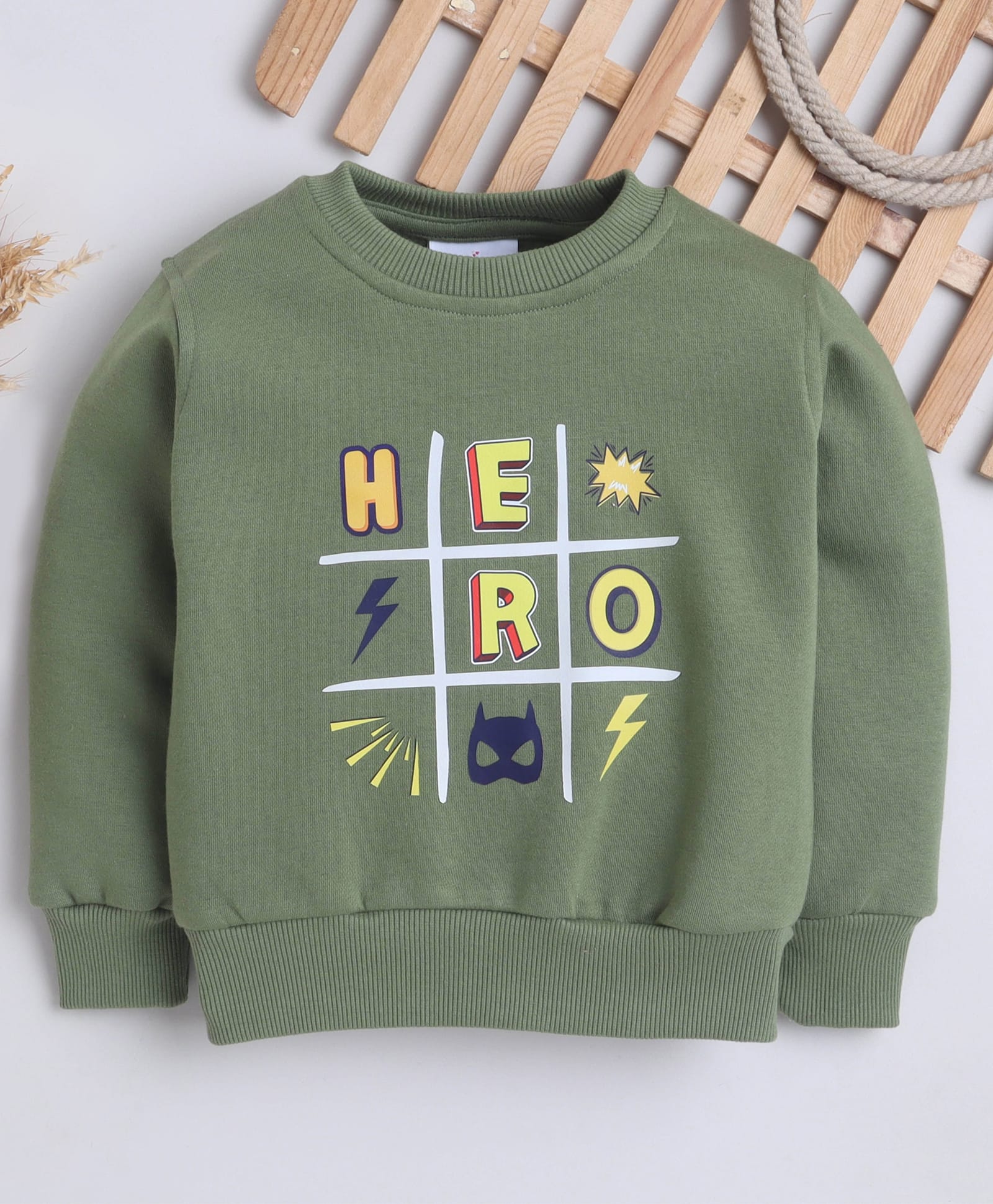 Knitting Doodles Fleece Knit Full Sleeves Hero Text Printed Light Winter Sweatshirt - Olive Green-picture-29
