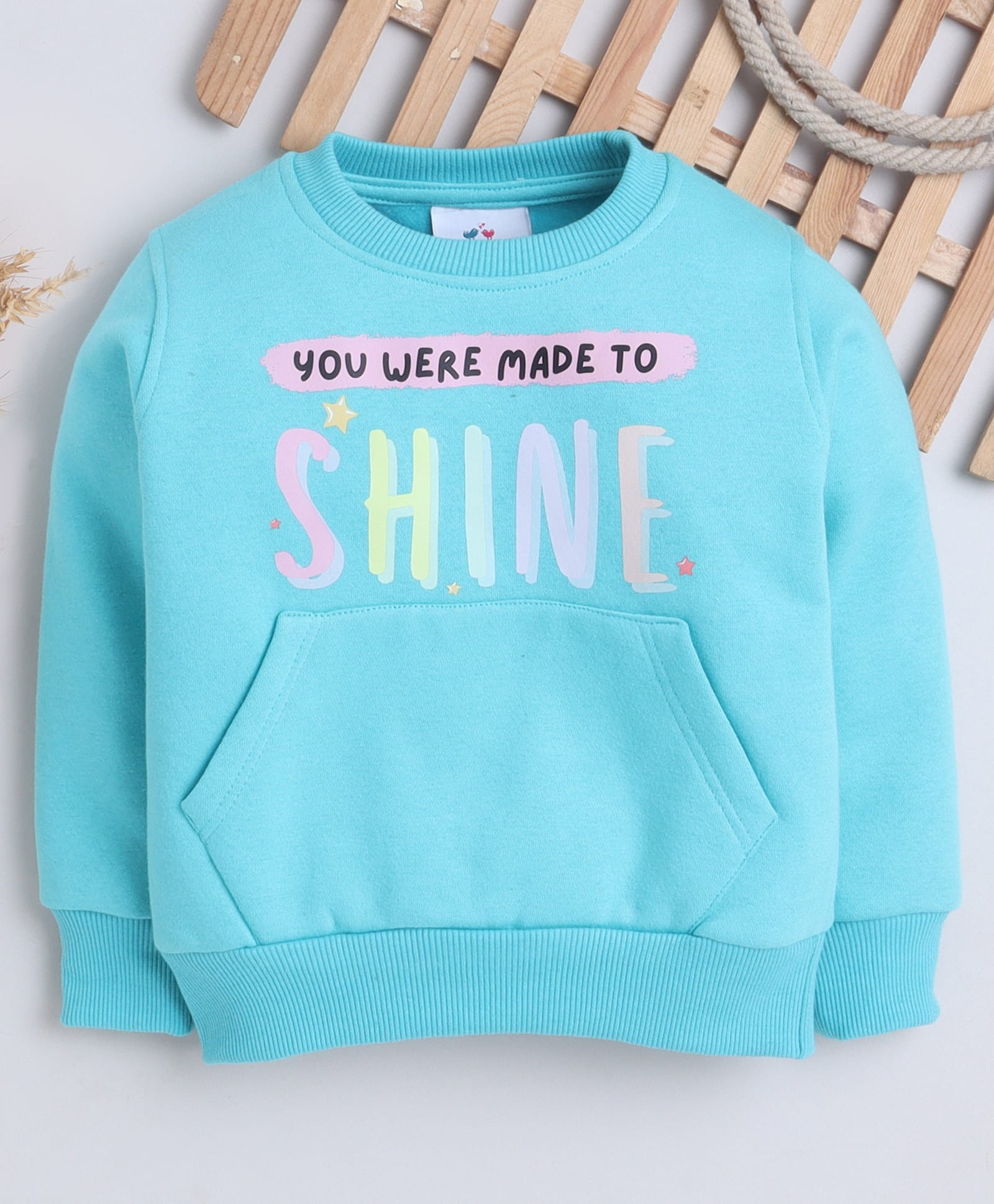 Knitting Doodles Fleece Knit Full Sleeves Shine Text Printed Light Winter Sweatshirt - Turquoise-image-5