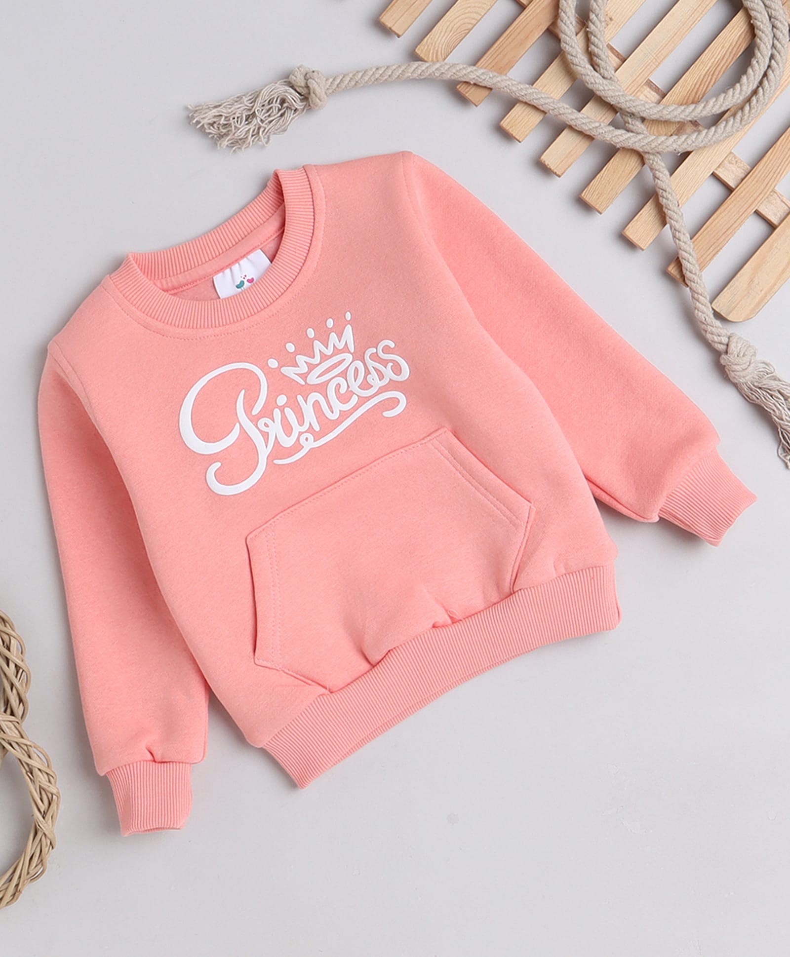 Knitting Doodles Fleece Knit Full Sleeves Princess Text Printed Light Winter Sweatshirt - Peach-picture-2
