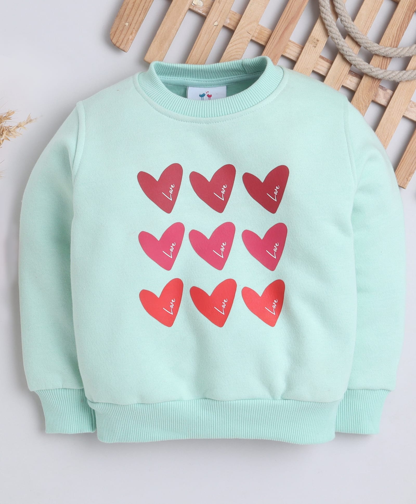 Knitting Doodles Fleece Knit Full Sleeves Hearts Printed Light Winter Sweatshirt - Sea Green-picture-30