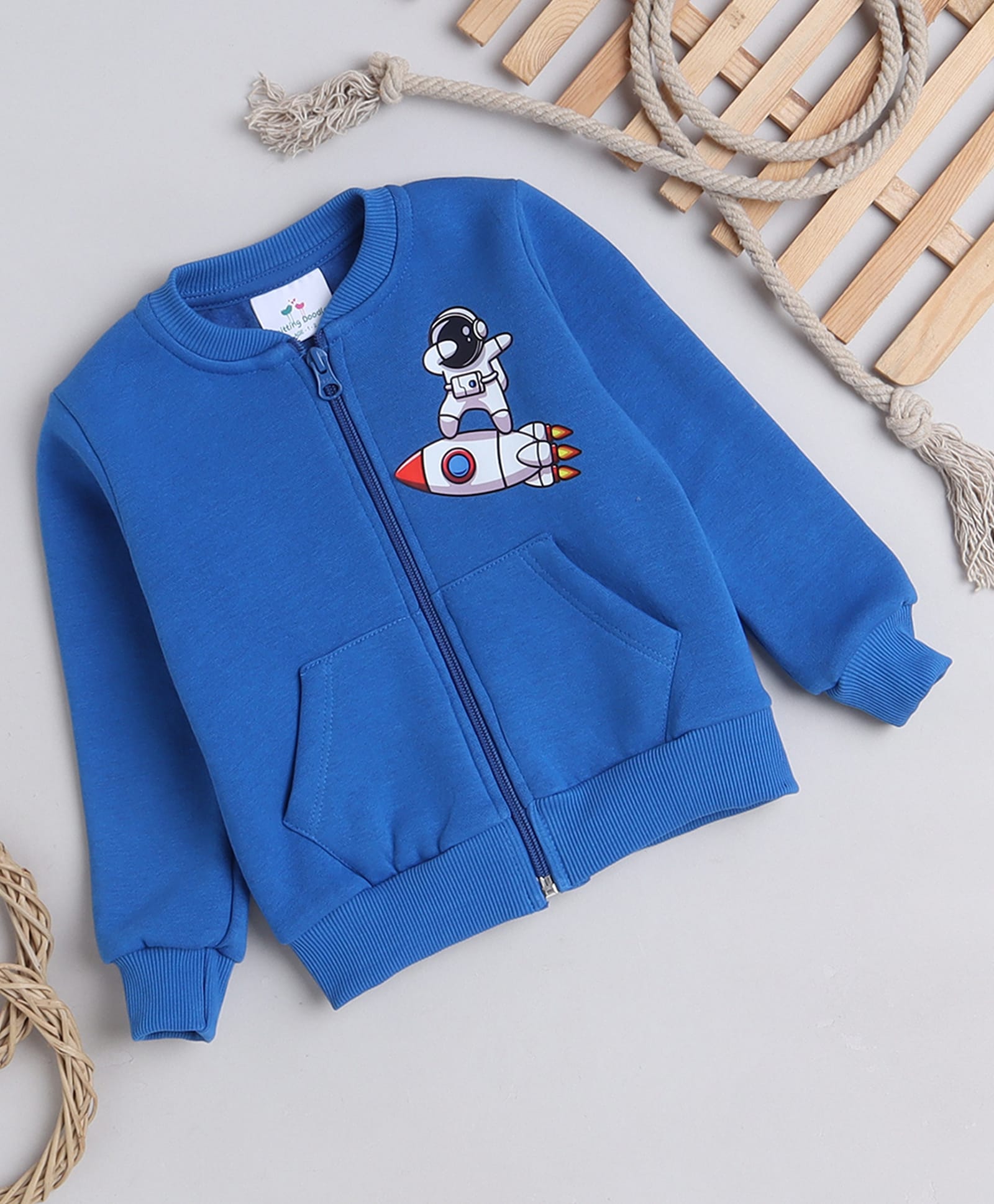 Knitting Doodles Fleece Woven Full Sleeves Astronaut On Rocket Printed Light Winter Jacket - Blue-picture-39