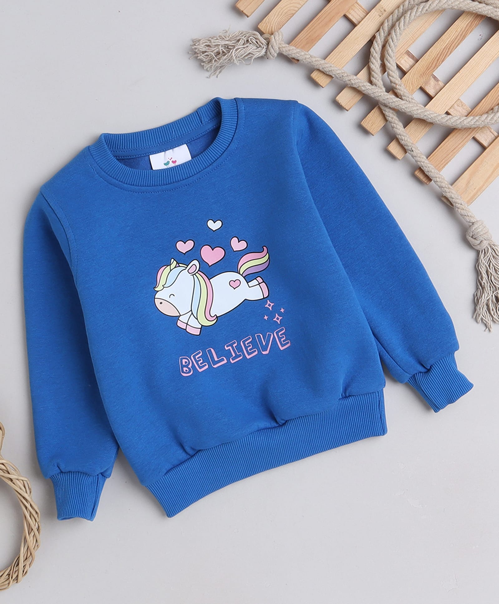 Knitting Doodles Fleece Knit Full Sleeves Unicorn Printed Light Winter Sweatshirt - Blue-picture-30