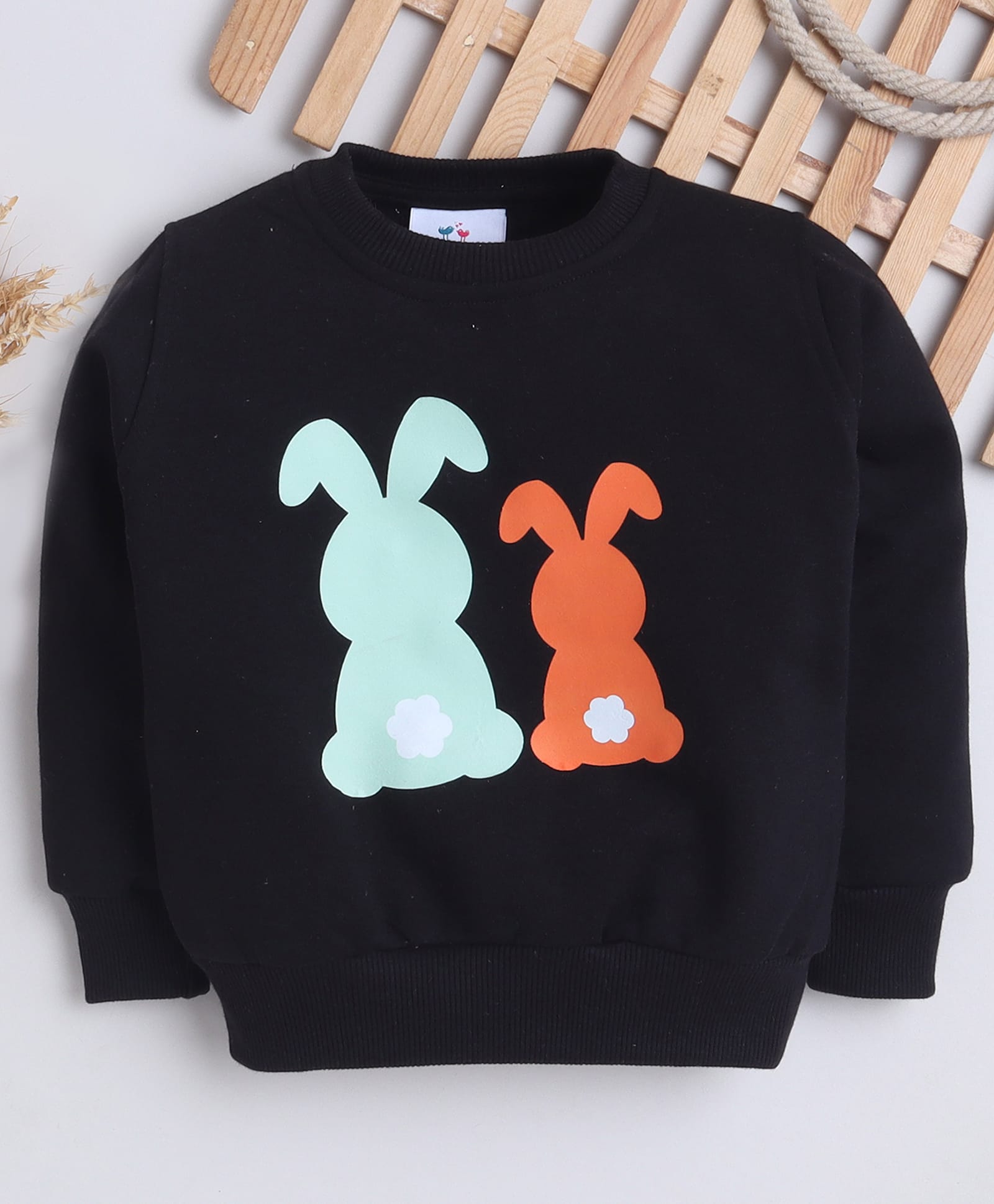 Knitting Doodles Fleece Woven Full Sleeves Bunnies Printed Light Winter Sweatshirt - Black-picture-44