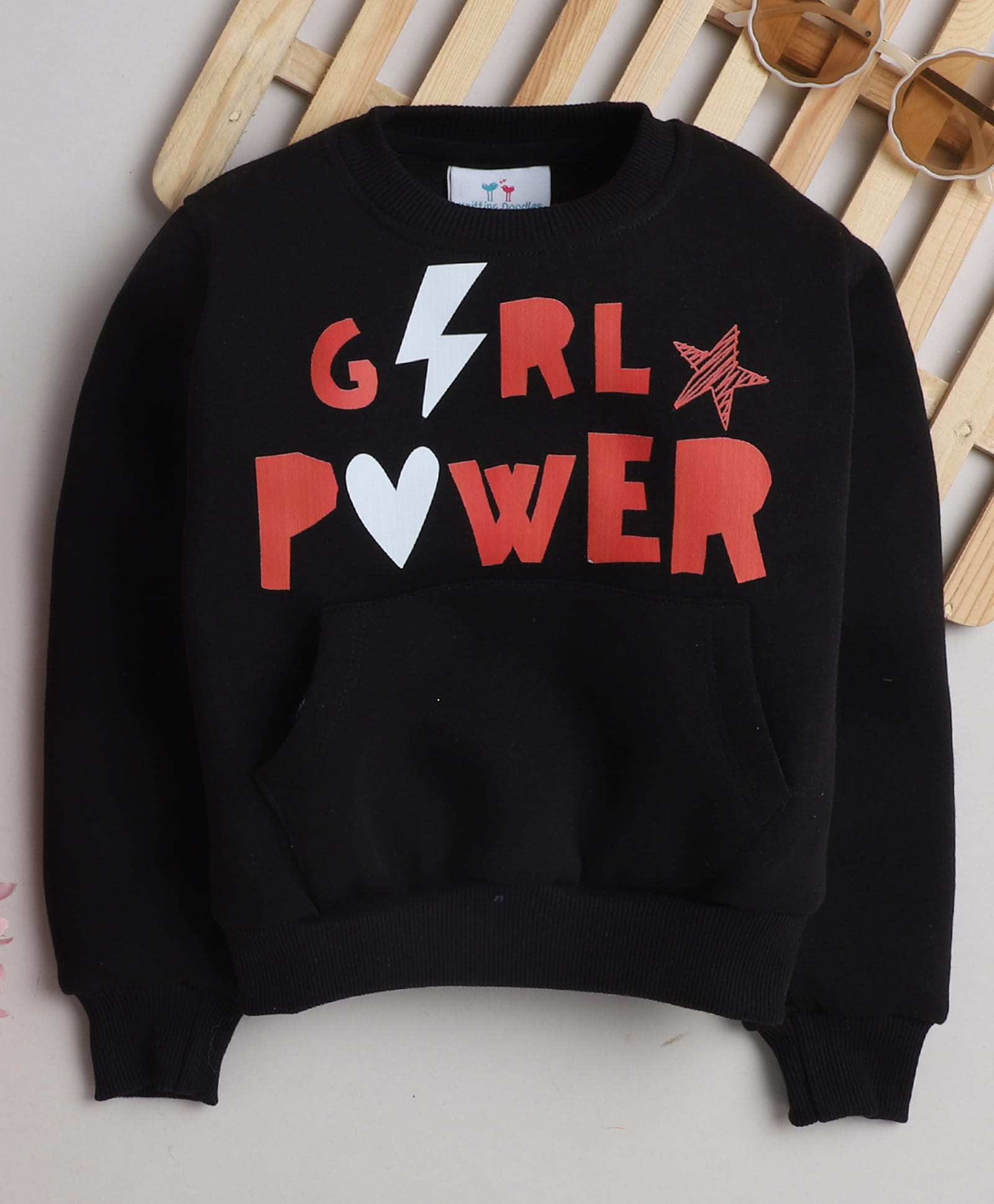 Knitting Doodles Fleece Woven Full Sleeves Girl Power Text Printed Light Winter Sweatshirt - Black-picture-22