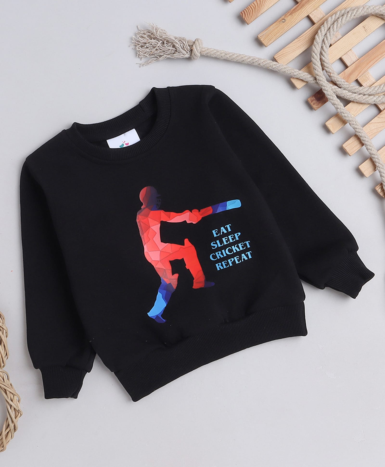 Knitting Doodles Fleece Woven Full Sleeves Eat Sleep Cricket Repeat Text Printed Light Winter Sweatshirt - Black-picture-33