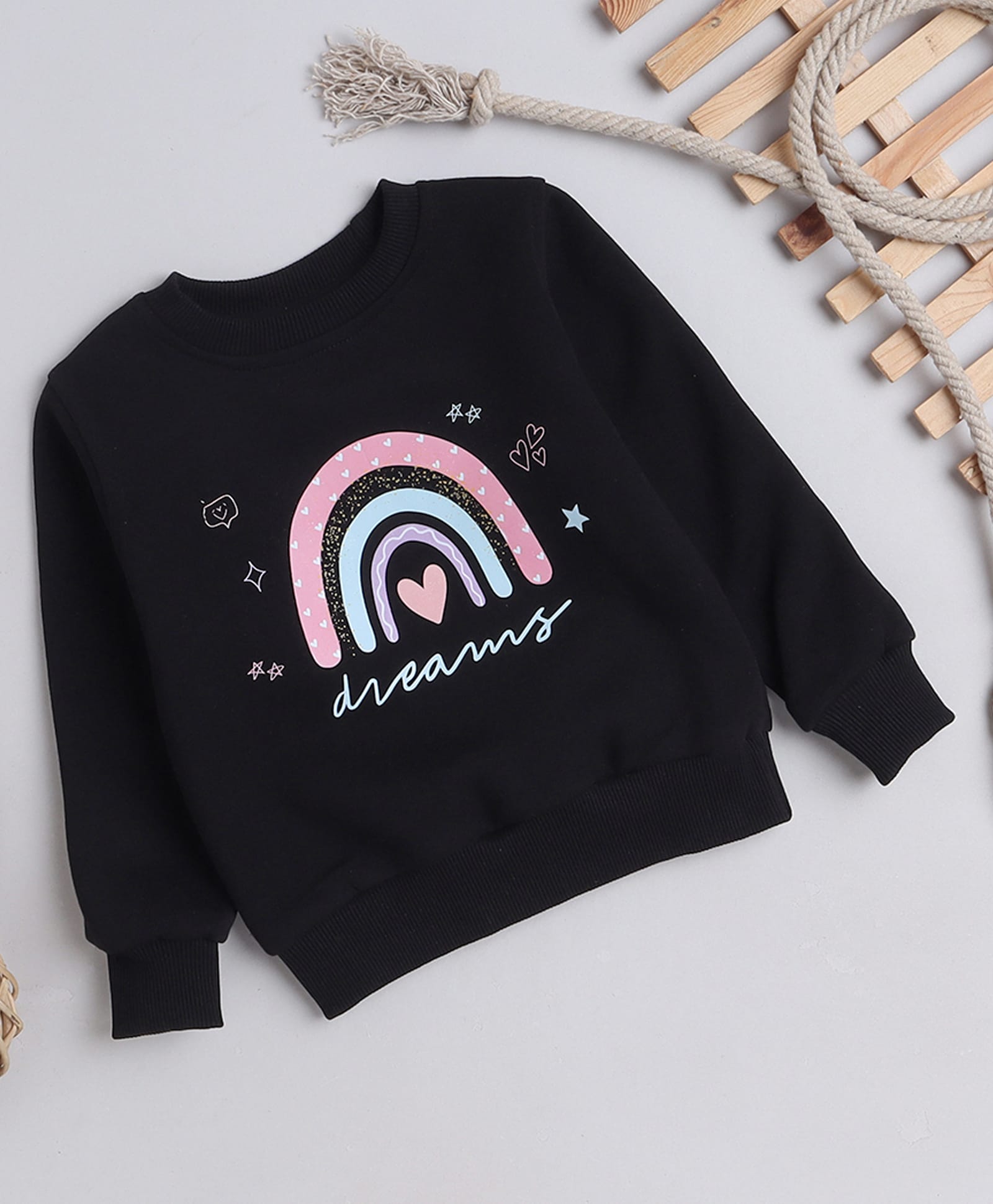 Knitting Doodles Fleece Woven Full Sleeves Rainbow Printed Light Winter Sweatshirt - Black-picture-36