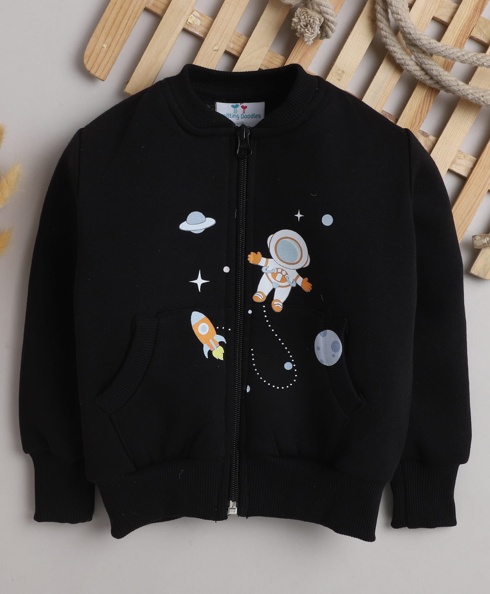 Knitting Doodles Fleece Woven Full Sleeves Astronaut & Space Printed Light Winter Sweatjacket - Black-picture-23