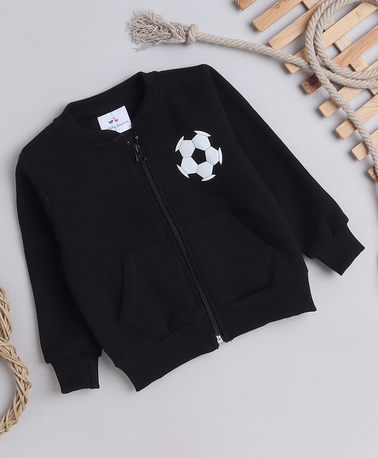 Knitting Doodles Fleece Woven Full Sleeves Football Printed Light Winter Jacket - Black-picture-24