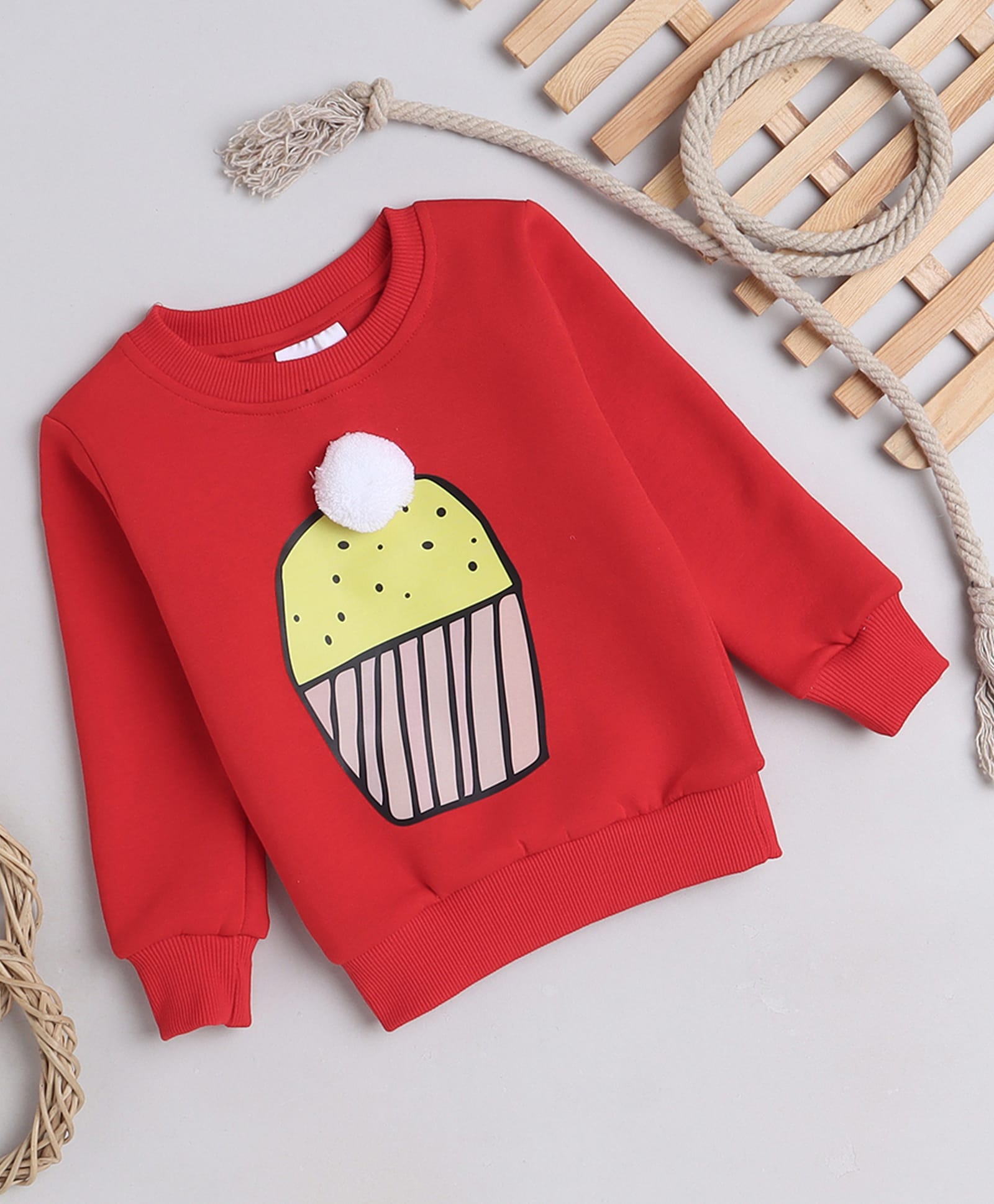 Knitting Doodles Fleece Woven Full Sleeves Cup Cake Printed Light Winter Sweatshirt - Red-picture-22