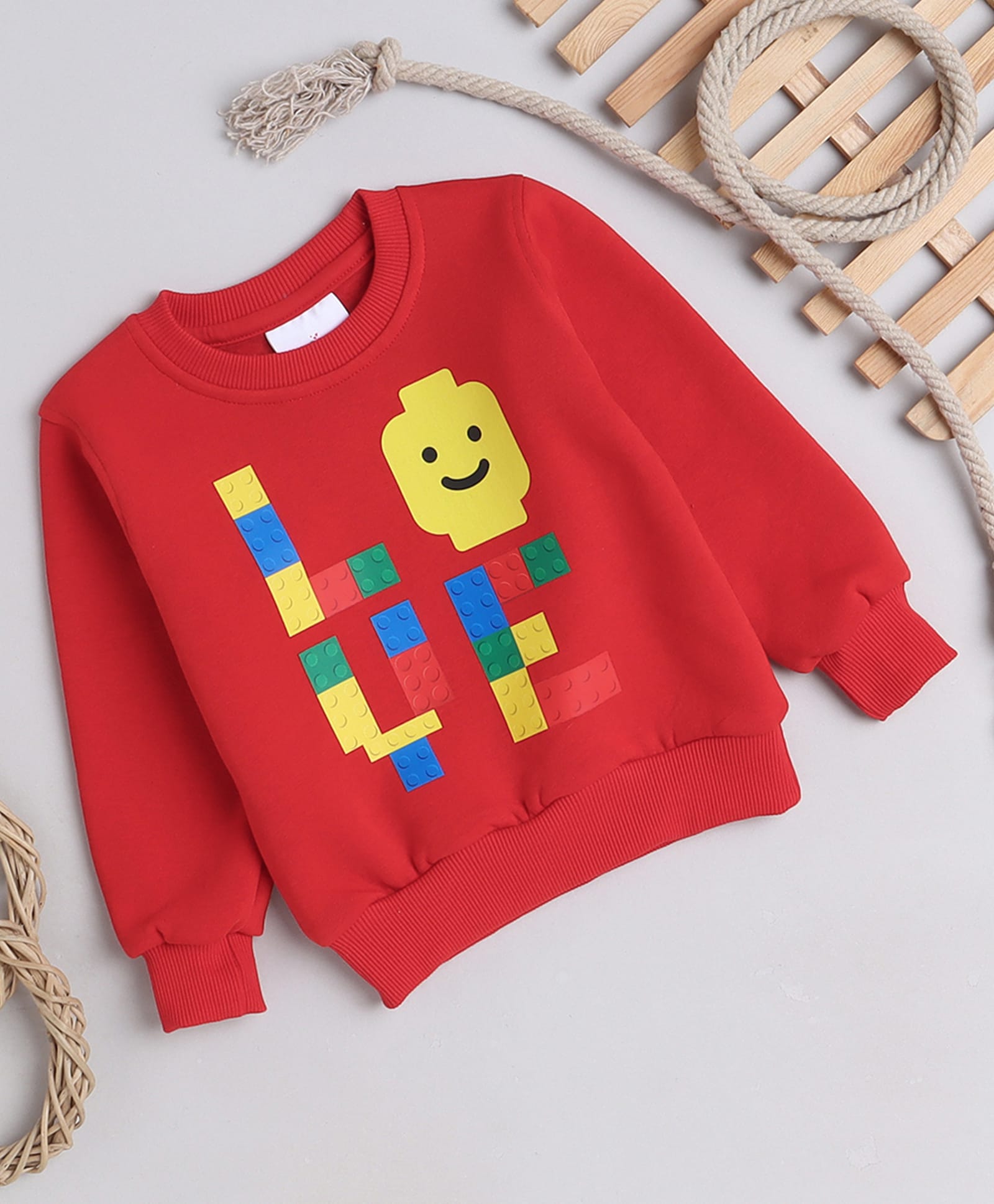Knitting Doodles Fleece Woven Full Sleeves Building Blocks Printed Light Winter Sweatshirt - Red-image-36