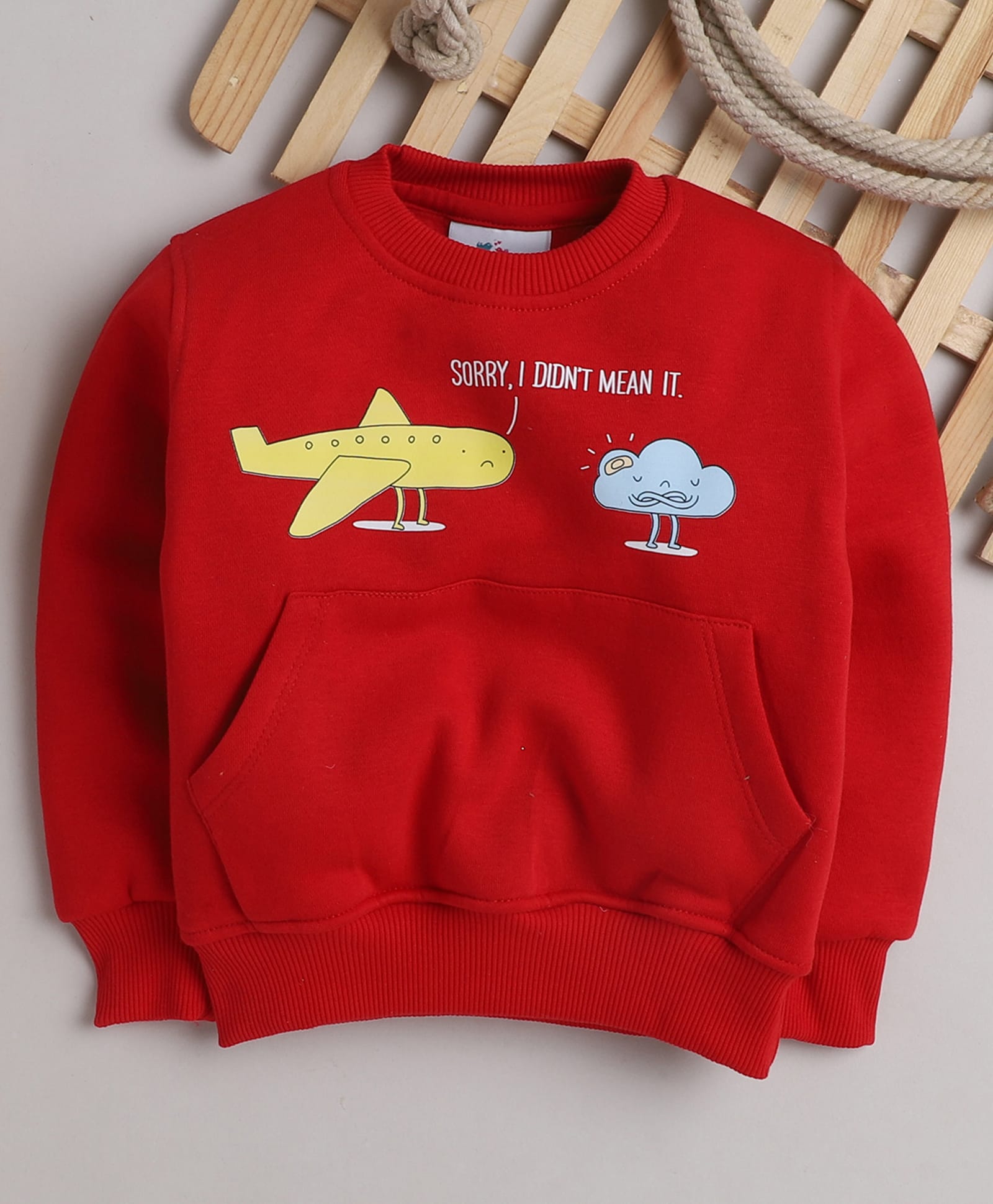Knitting Doodles Fleece Woven Full Sleeves Air Plane & Cloud Printed Light Winter Sweatshirt - Red-picture-3