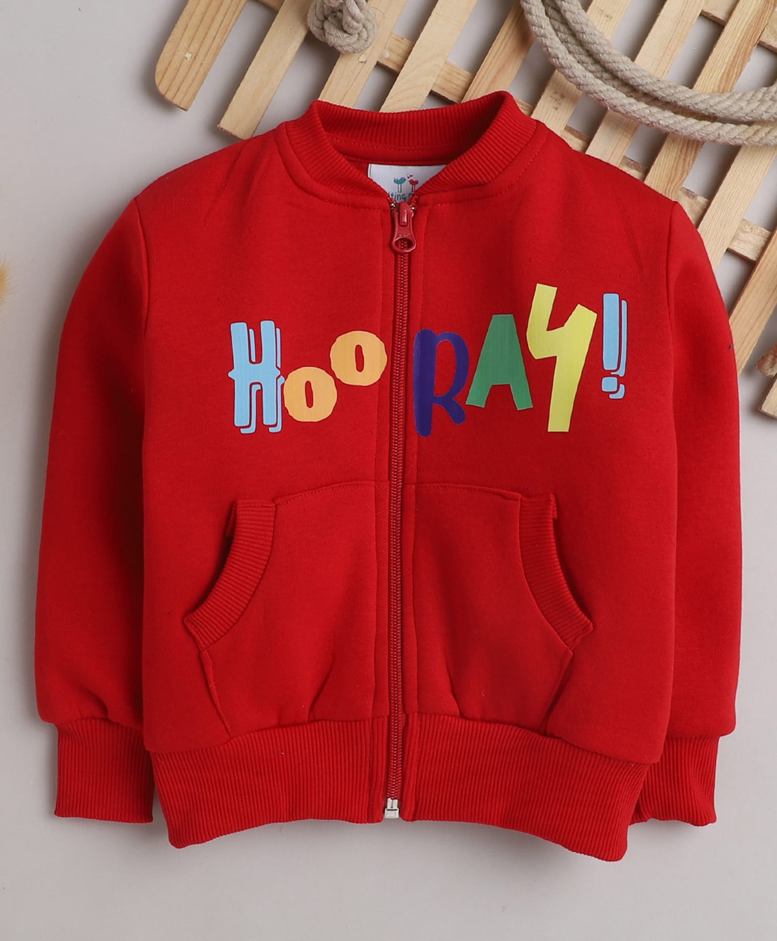 Knitting Doodles Fleece Woven Full Sleeves Hooray Text Printed Light Winter Sweatjacket - Red-picture-37