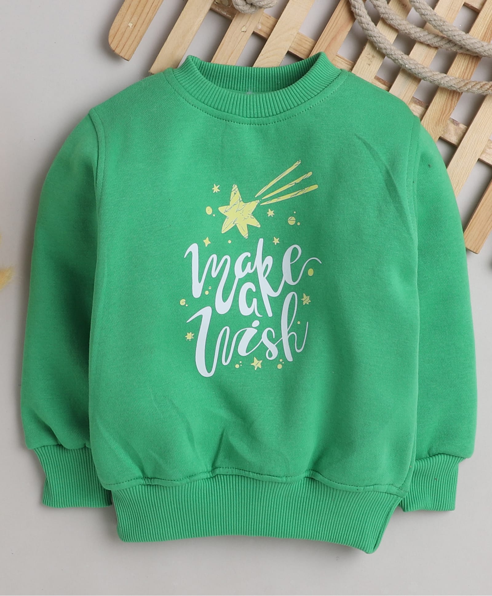 Knitting Doodles Fleece Woven Full Sleeves Make A Wish Text Printed Light Winter Sweatshirt - Green-image-49