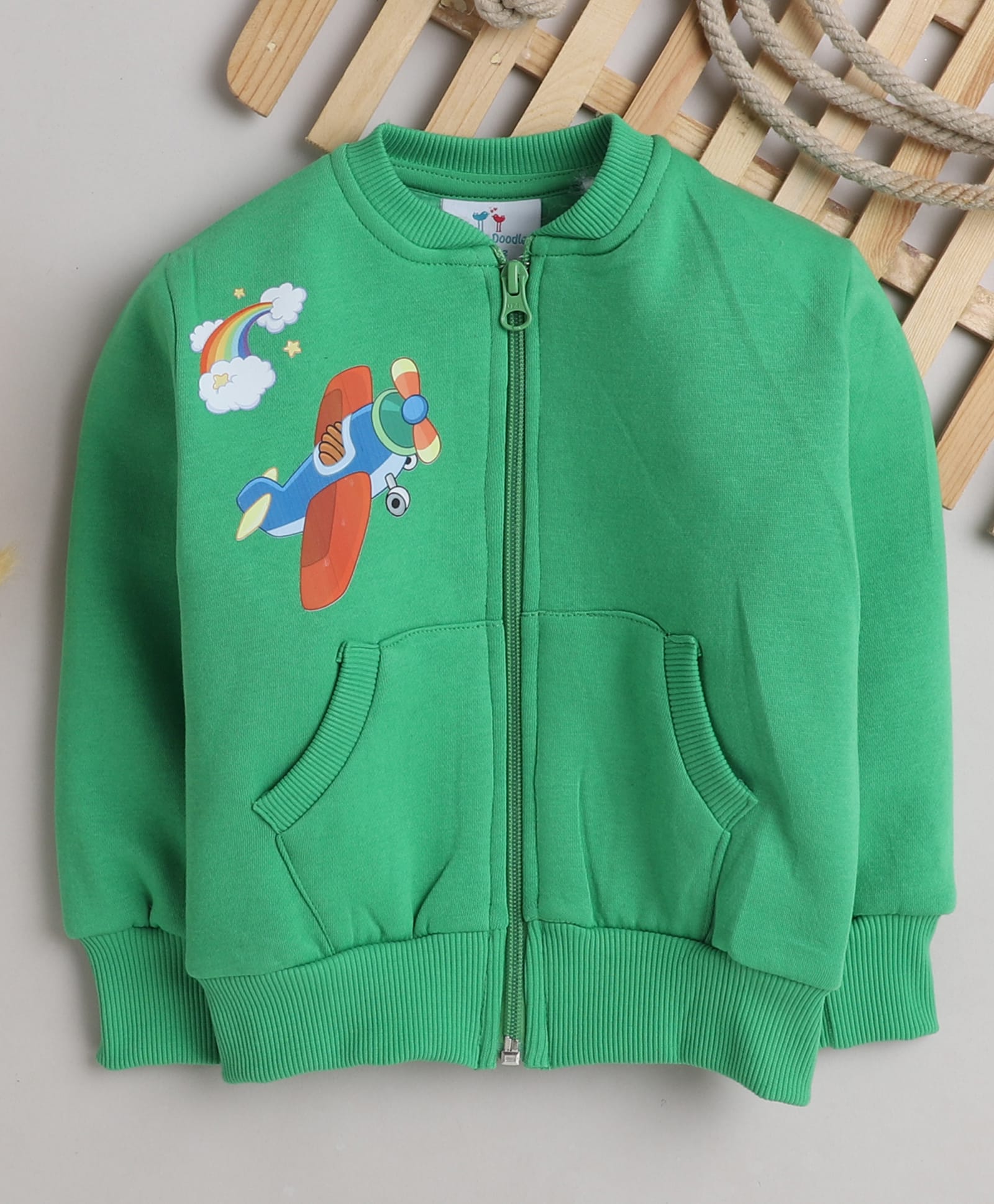 Knitting Doodles Fleece Woven Full Sleeves Rainbow & Air Plane Printed Light Winter Sweatjacket - Green-picture-24
