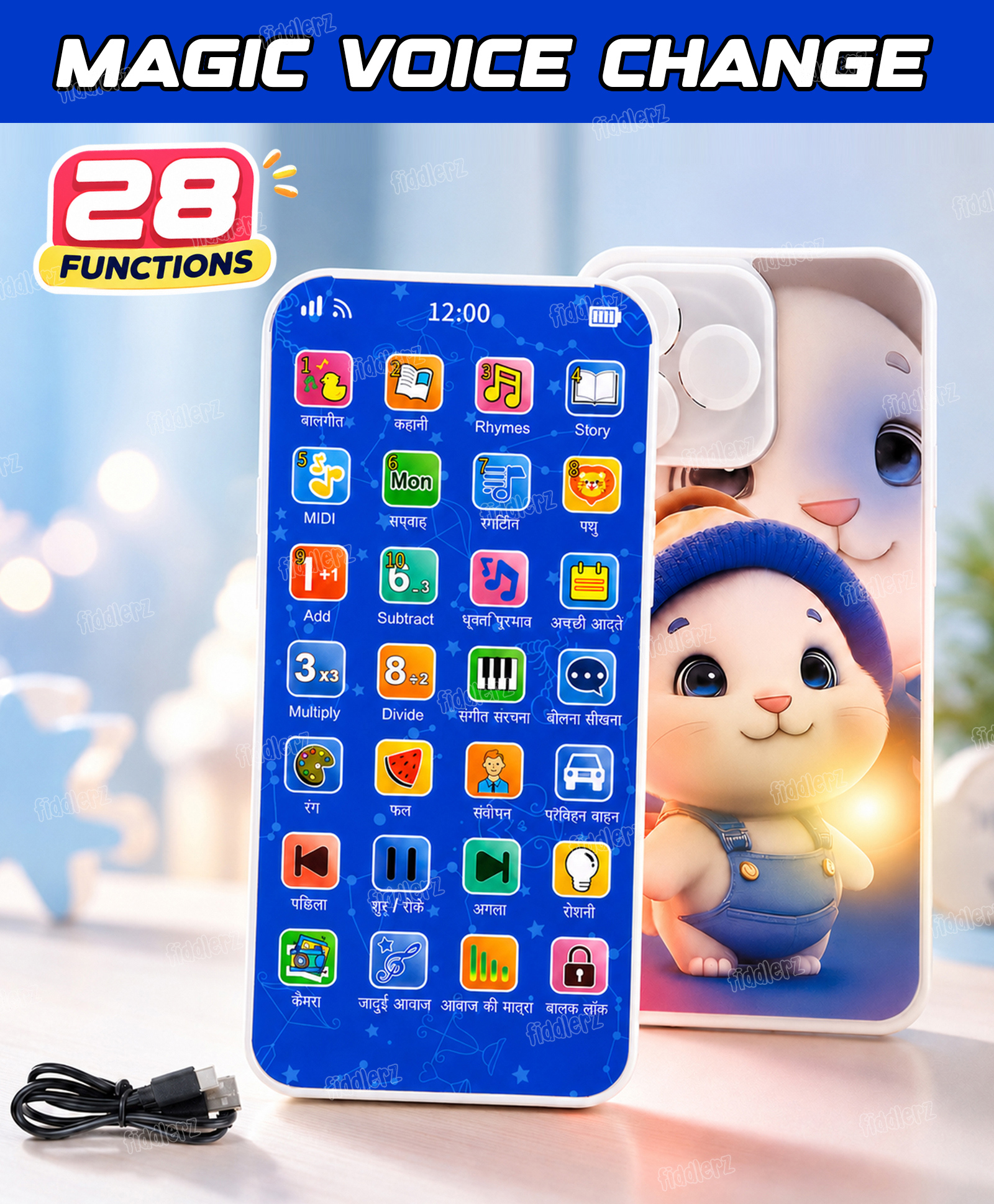 Fiddlerz Toy Phone for Kids with 28 Learning Modes Type - C Rechargeable Pretend Play Mini Cell Phone Toy Educational Toys for Kids - Pack of 1 (Shark Themed)-picture-19