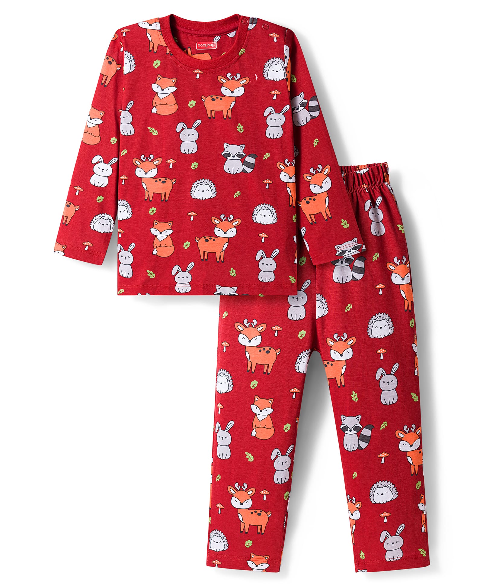 Babyhug Cotton Knit Full Sleeves Co-ords Night Suit With Animal Print - Maroon-image-33