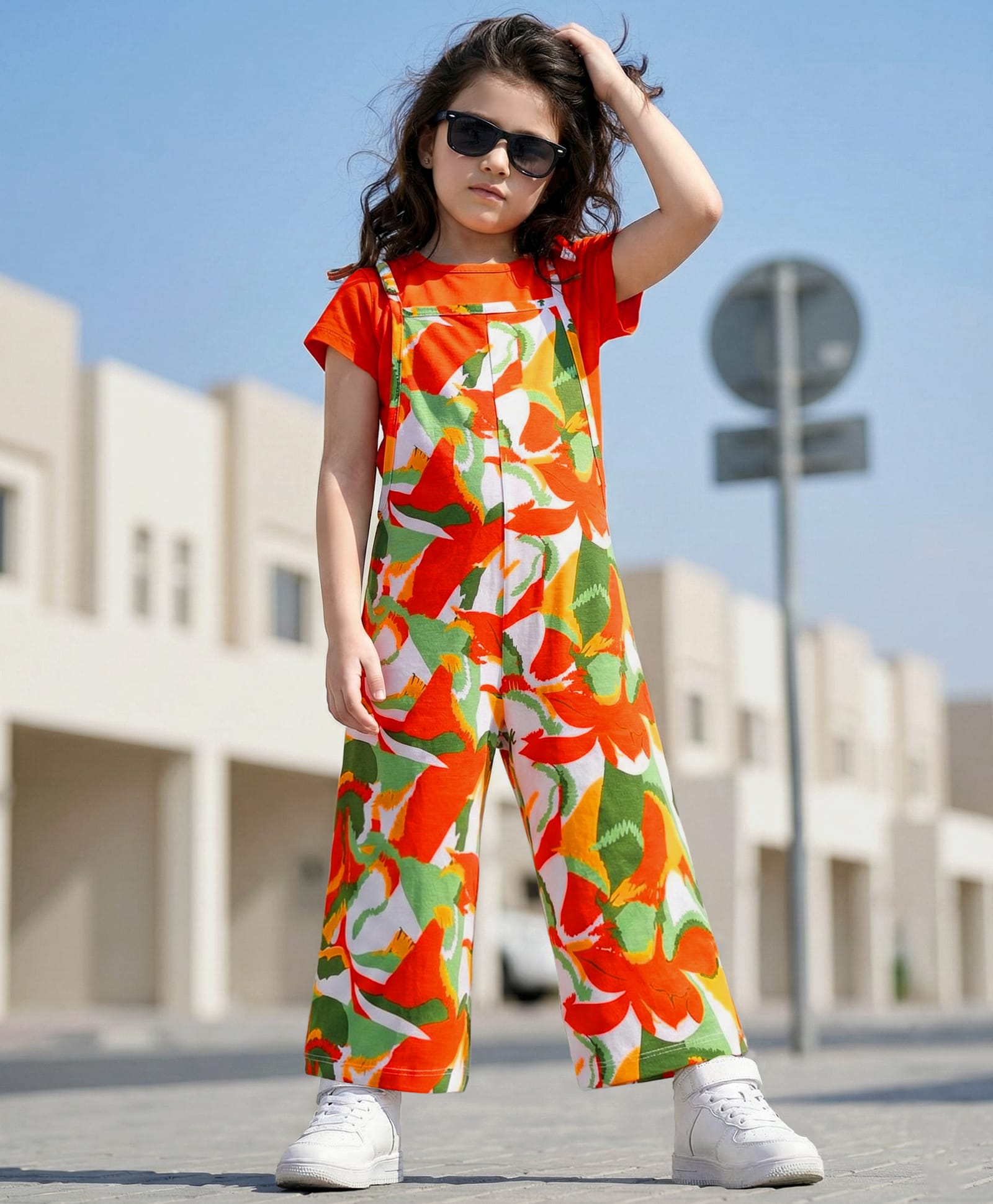 OLLINGTON ST. 100% Cotton Printed Dungaree & Half Sleeves Inner Top - Multicolour & Orange-image-45