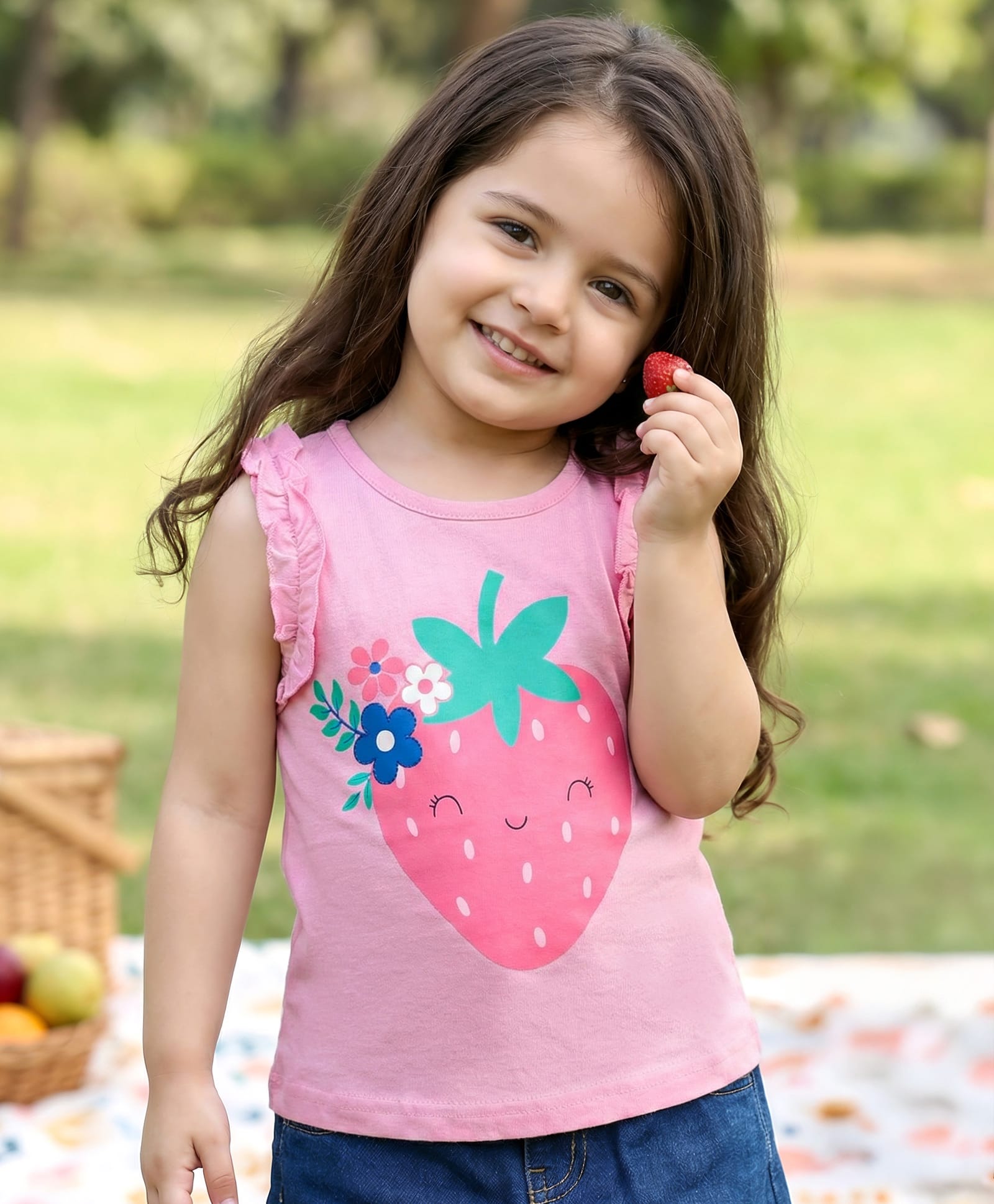 Babyhug Cotton Knit Sleeveless Top With Strawberry Print - Pink-image-39
