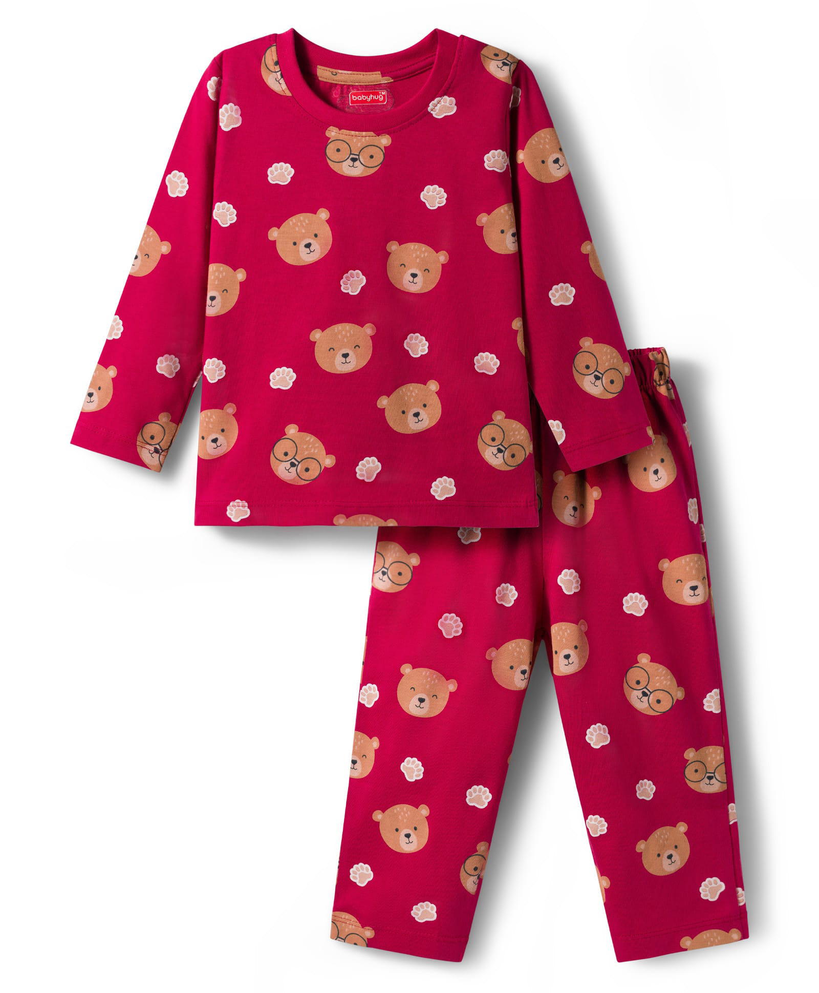 Babyhug Cotton Knit Full Sleeves Co-ord Night Suit With Teddy Bear Print - Maroon-image-39