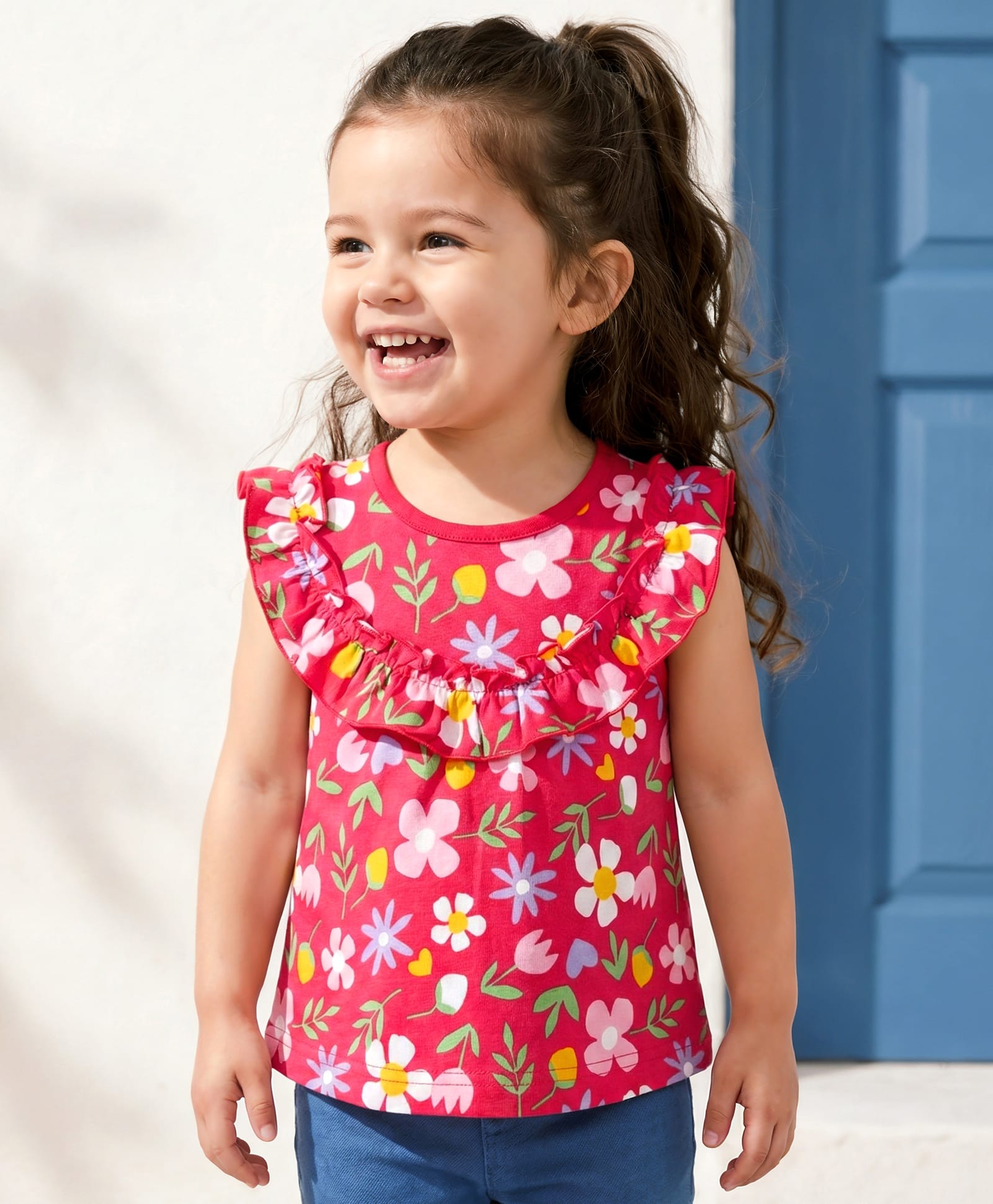 Babyhug Cotton Knit Sleeveless Top With Floral Print - Red-image-41